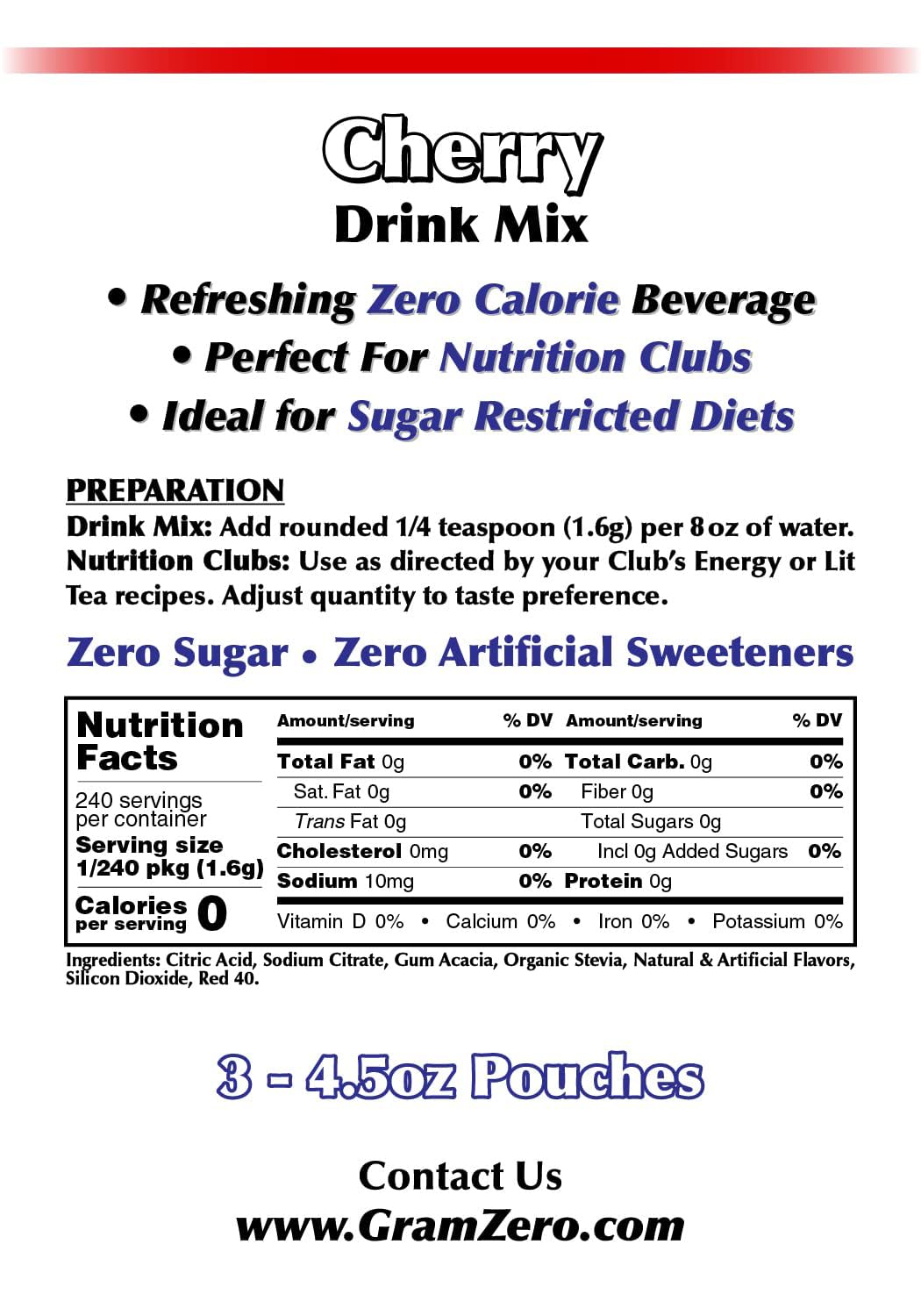 GramZero Cherry Zero Calorie Drink Mix | Keto-Friendly, Stevia-Sweetened