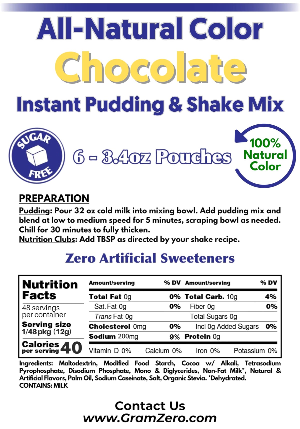 GramZero Natural Color Chocolate Sugar Free Pudding Mix 6-Pack