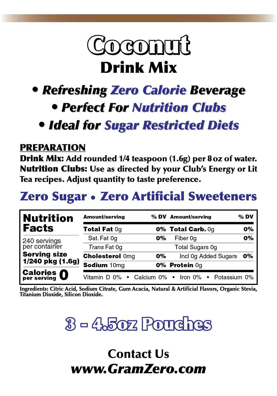 GramZero Coconut Zero Calorie Sugar Free Drink Mix | Keto Friendly & Stevia Sweetened