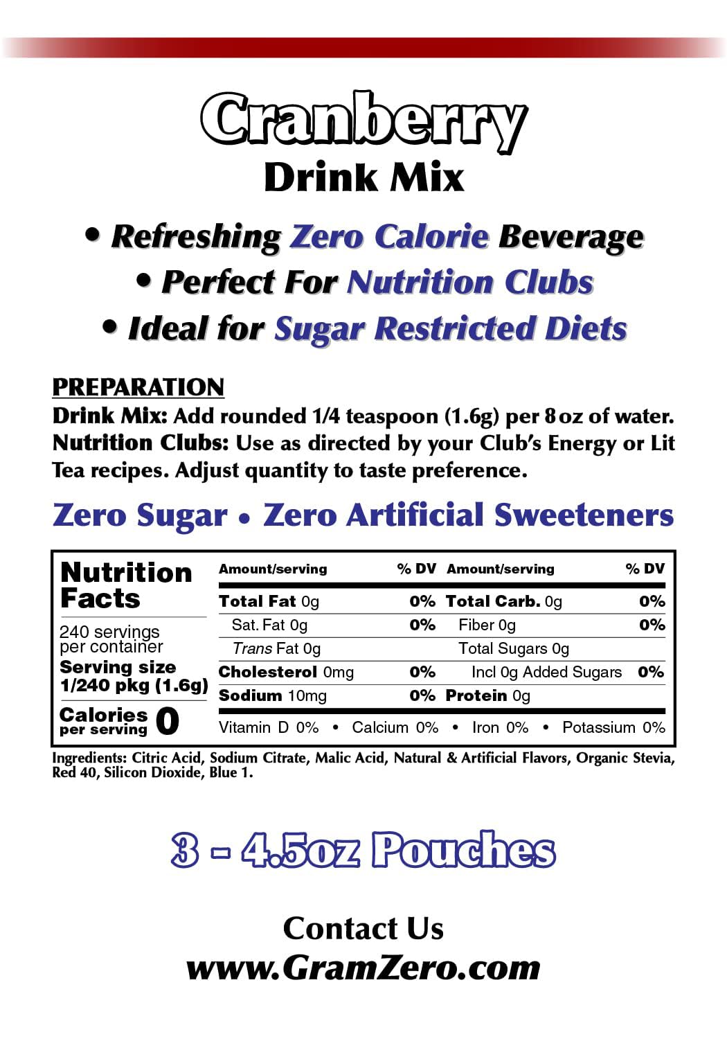GramZero Cranberry Zero Calorie Drink Mix – Sugar Free, Stevia Sweetened, Keto Friendly