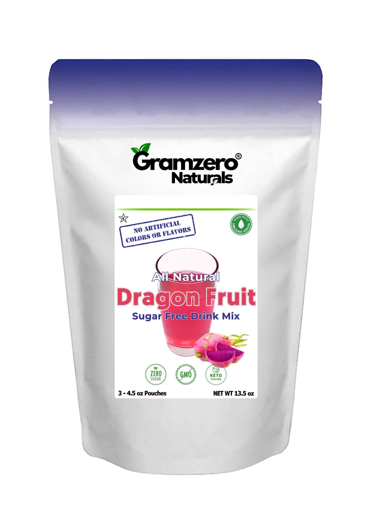 GramZero All Natural Dragon Fruit Zero Calorie Drink Mix | Stevia-Sweetened, Keto Friendly