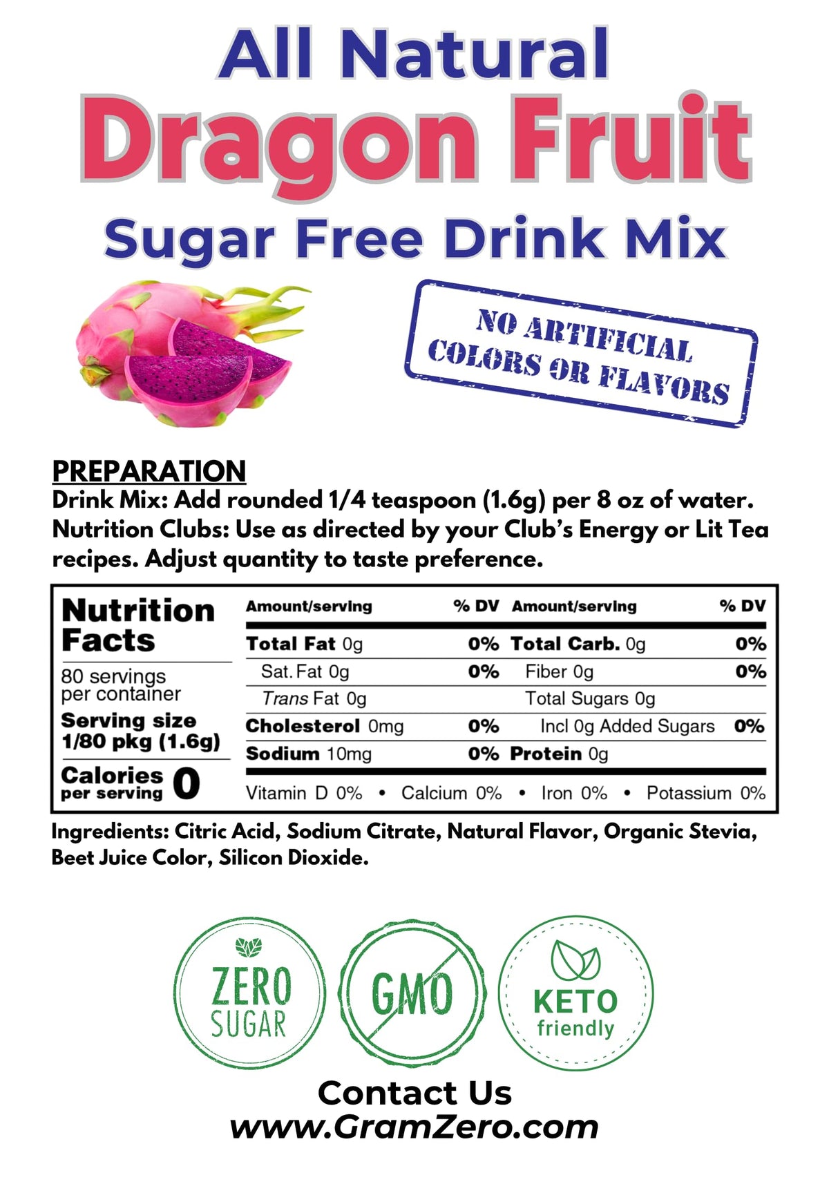 GramZero All Natural Dragon Fruit Zero Calorie Drink Mix | Stevia-Sweetened, Keto Friendly