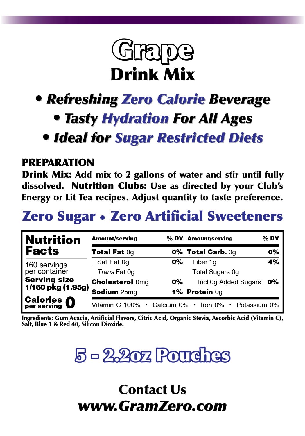 GramZero Grape Sugar Free Drink Mix – Zero Calories, Stevia-Sweetened, Keto Friendly
