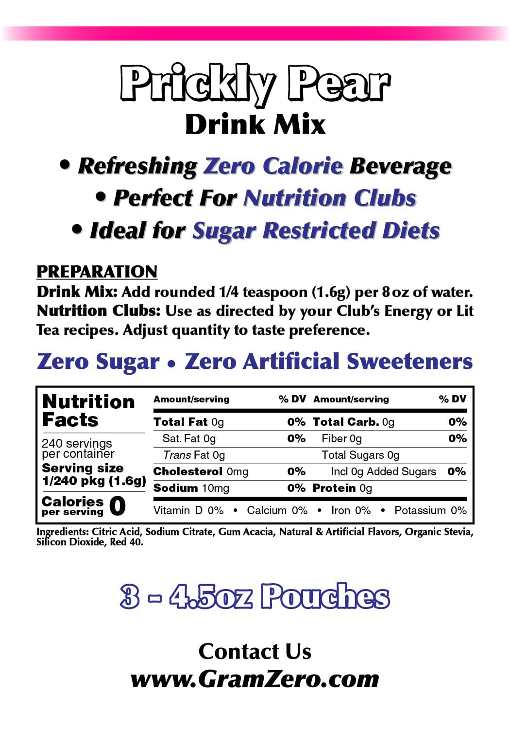 GramZero Prickly Pear Zero Calorie Drink Mix – Sugar Free, Organic Stevia, Keto Friendly