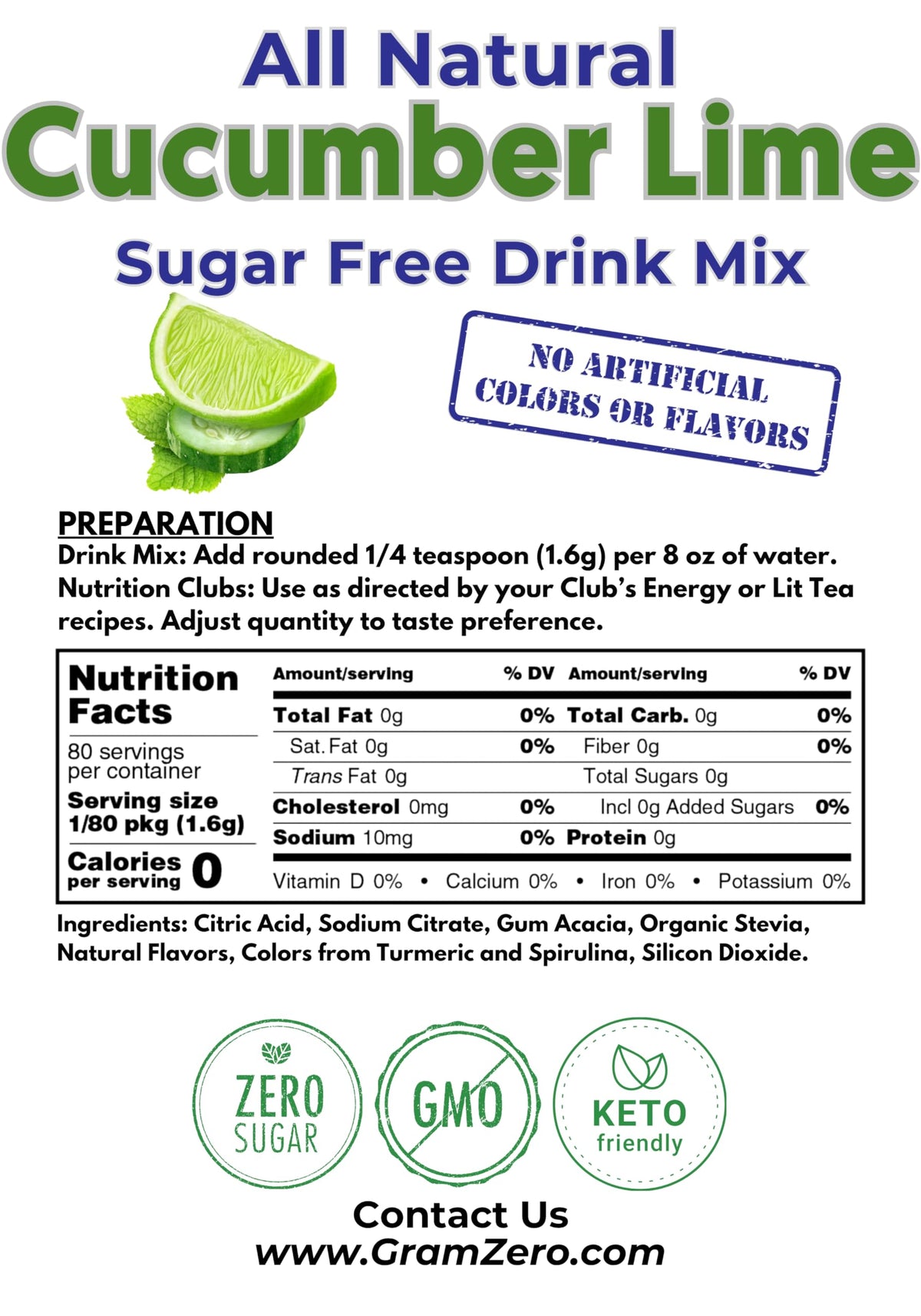 GramZero Cucumber Lime Zero-Calorie Drink Mix | Stevia-Sweetened & Keto Friendly