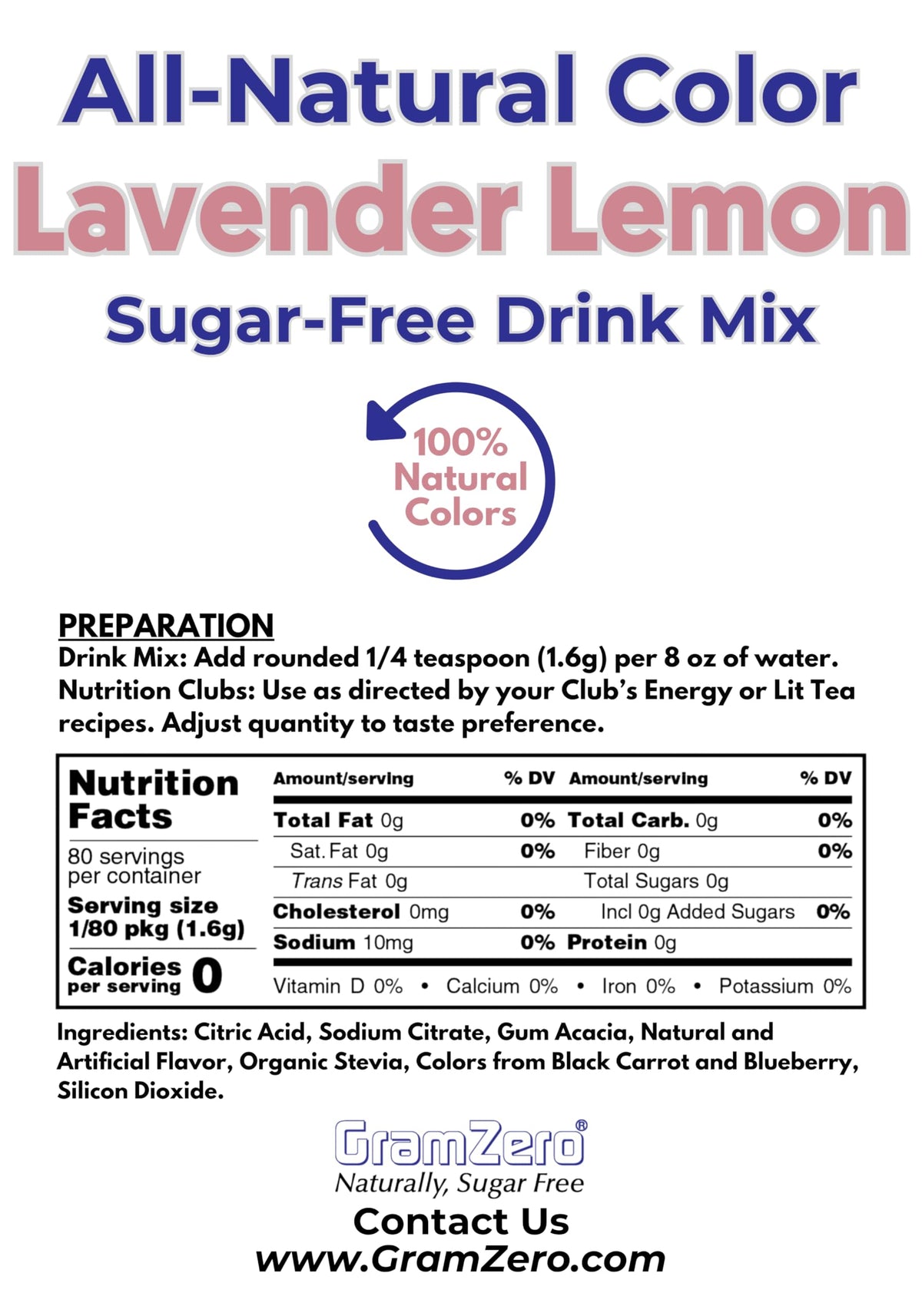 GramZero Lavender Lemon Zero Calorie Drink Mix – Organic Stevia Sweetened, Keto Friendly