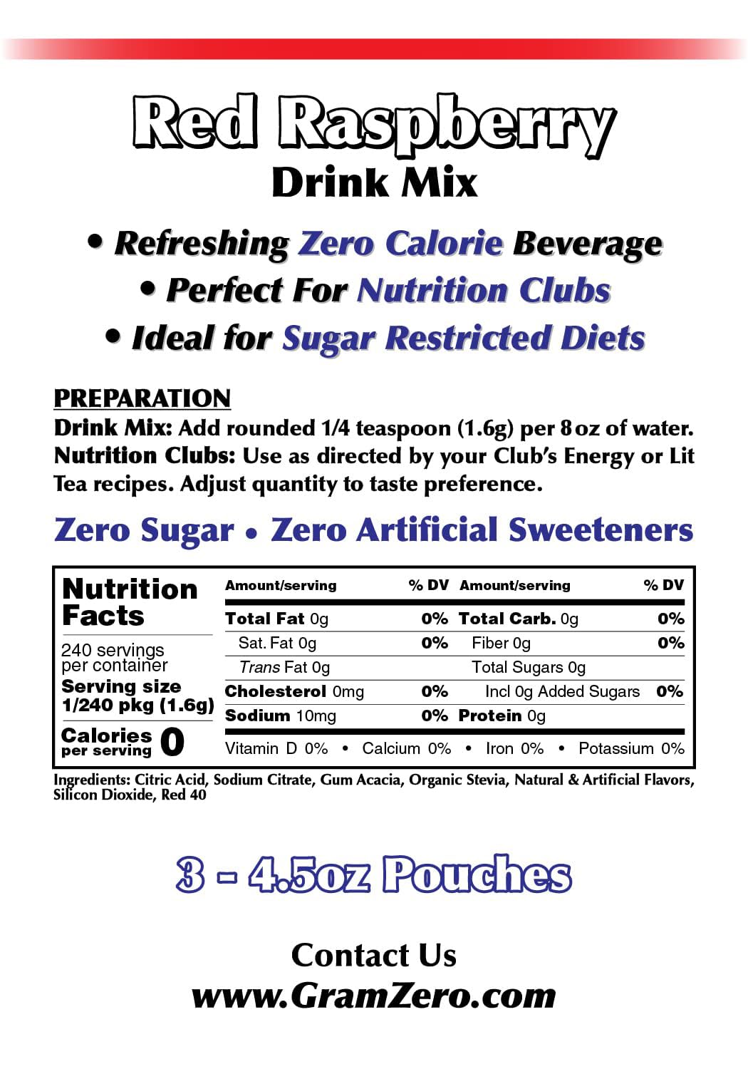 GramZero Red Raspberry Zero Calorie Sugar Free Drink Mix – Keto & Stevia-Sweetened