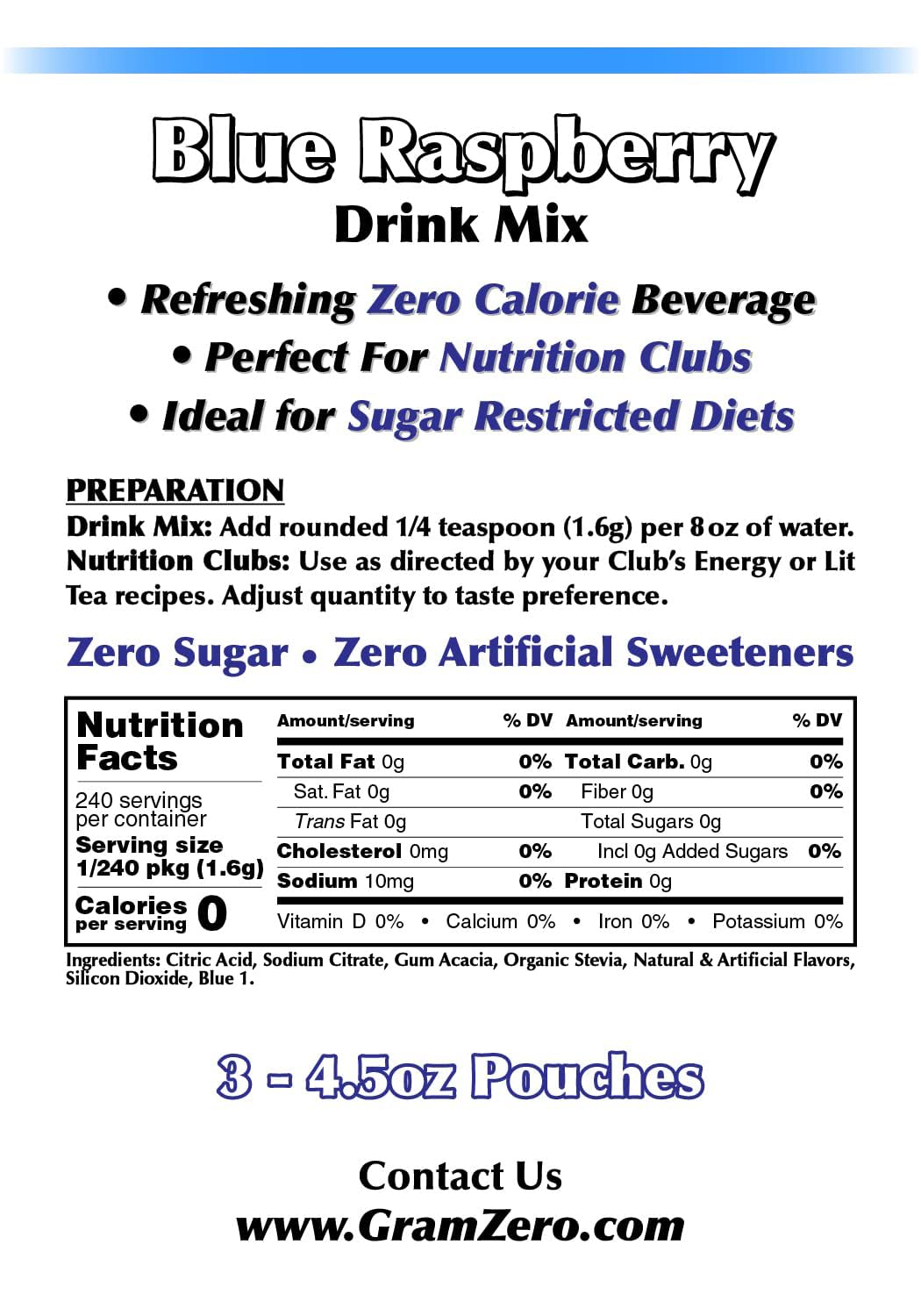 GramZero Blue Raspberry Zero Calorie Drink Mix – Keto Friendly, Sugar Free & Stevia Sweetened