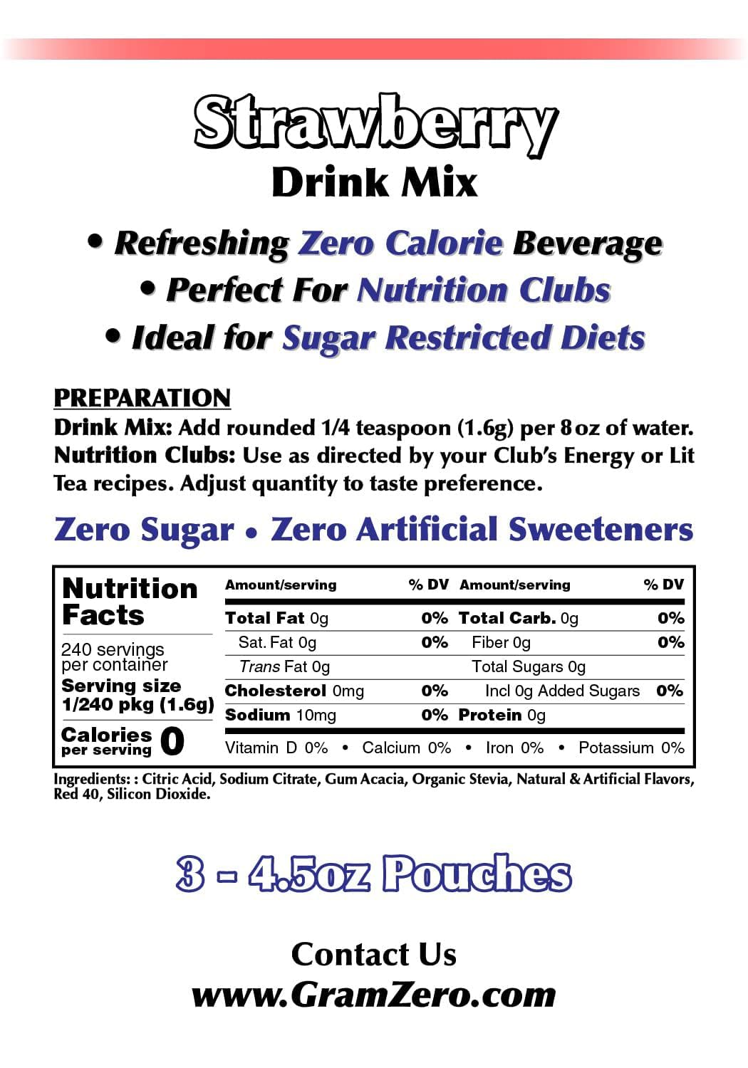 GramZero Strawberry Zero Calorie Sugar Free Drink Mix | Keto Friendly Stevia Sweetened