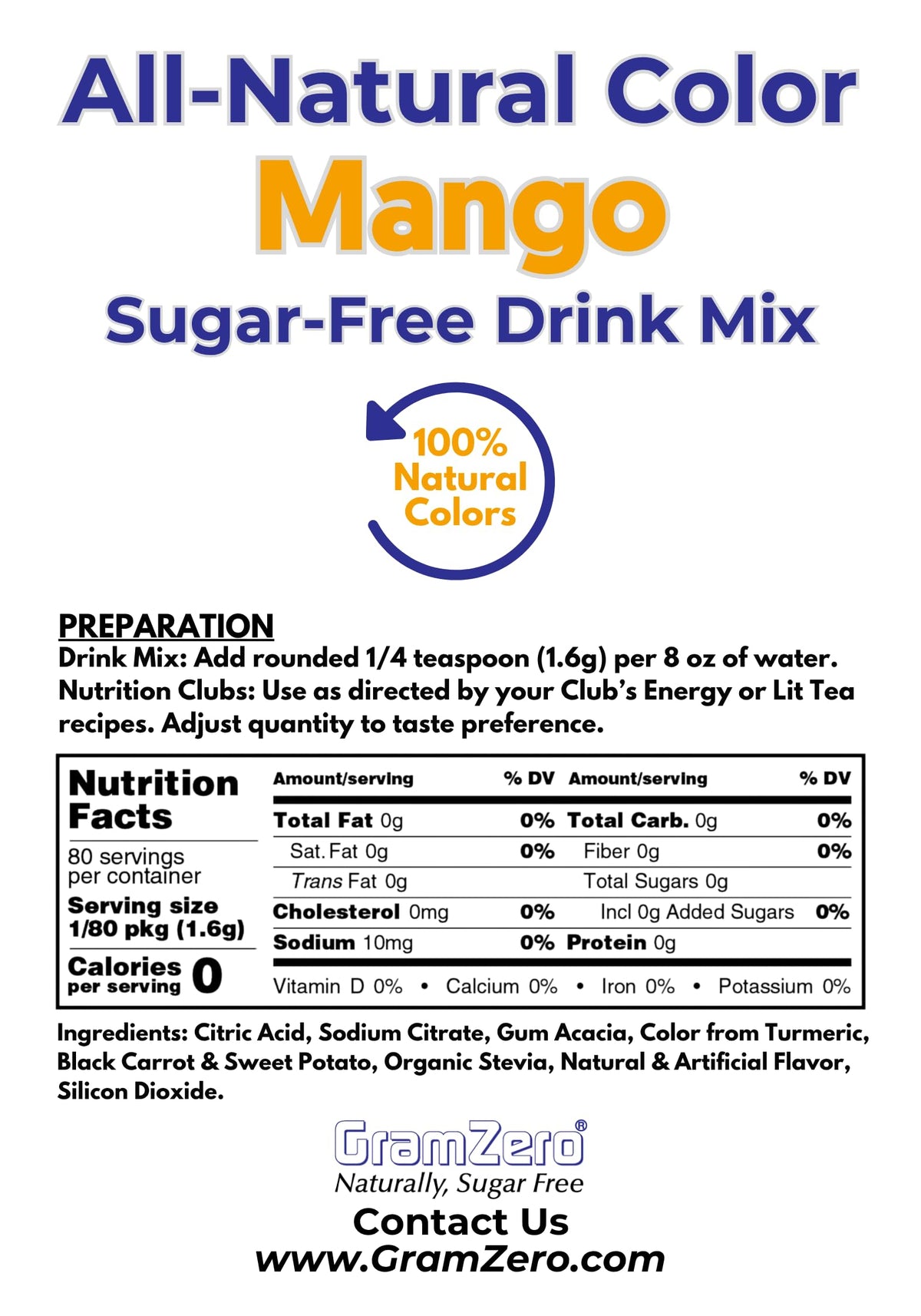GramZero Mango Zero Calorie Sugar Free Drink Mix | Stevia-Sweetened, Keto Friendly