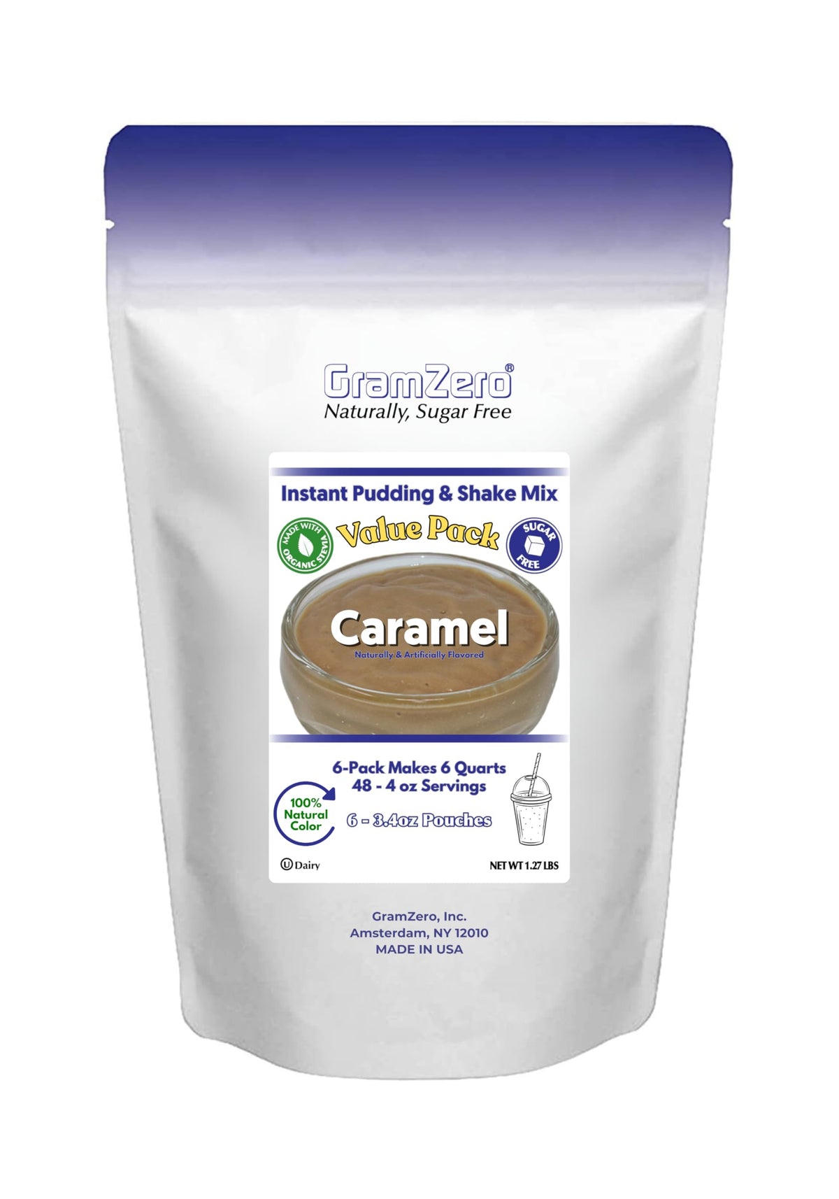 GramZero Natural Color Caramel Sugar Free Pudding Mix — 6-Pack, Stevia Sweetened