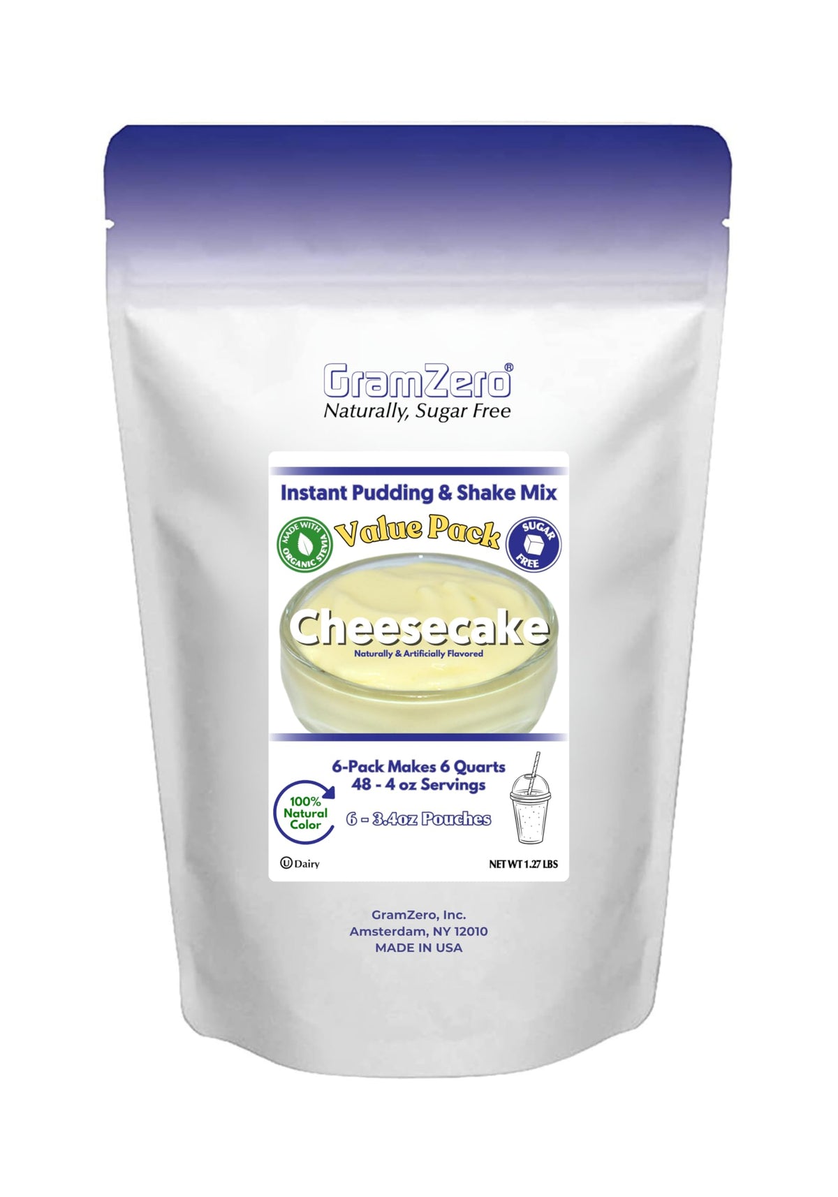GramZero Natural Color Cheesecake Sugar Free Pudding Mix 6-Pack – Low Carb, Stevia Sweetened