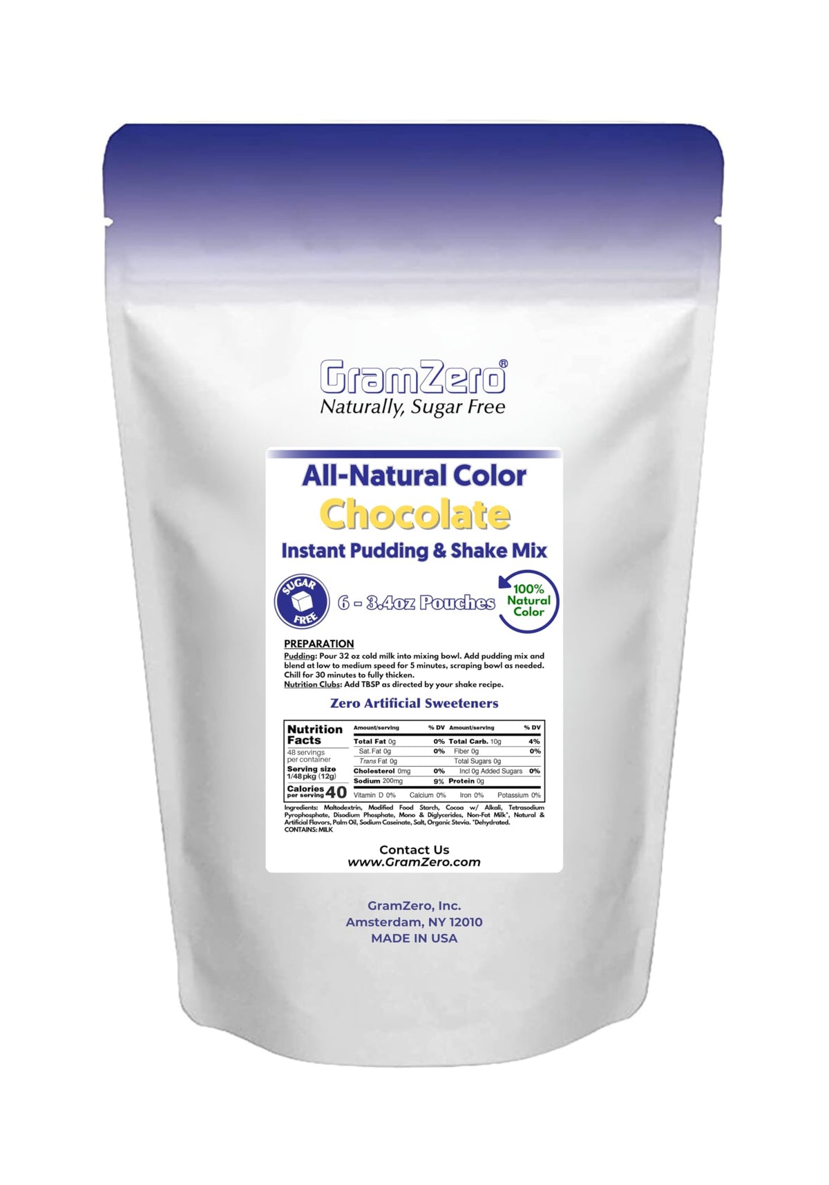 GramZero Natural Color Chocolate Sugar Free Pudding Mix 6-Pack