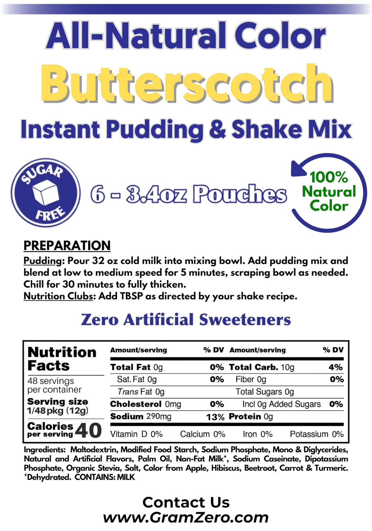 GramZero Butterscotch Sugar-Free Pudding Mix 6-Pack – Low Carb, Stevia-Sweetened
