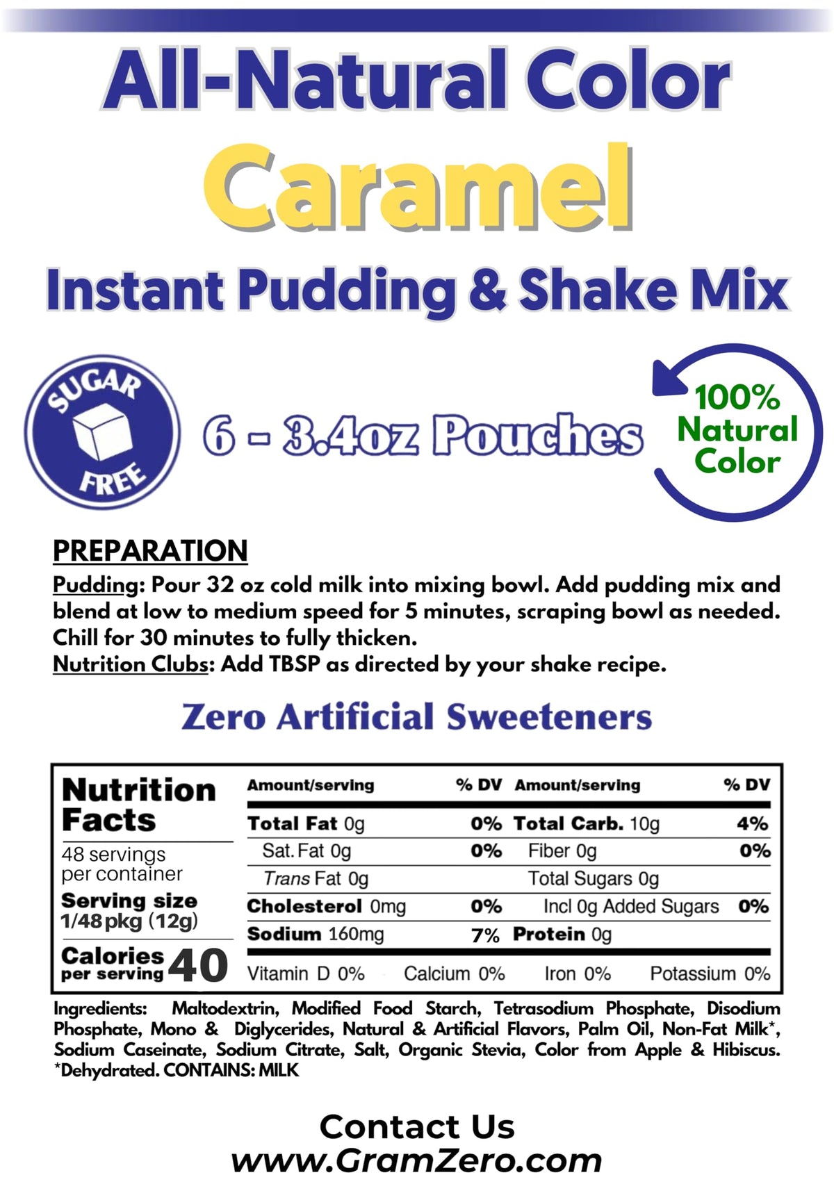 GramZero Natural Color Caramel Sugar Free Pudding Mix — 6-Pack, Stevia Sweetened
