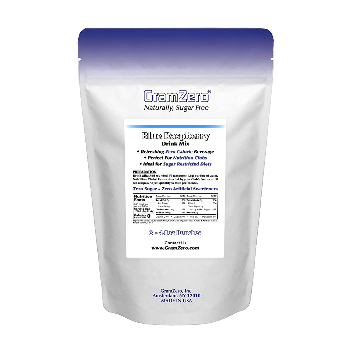 GramZero Blue Raspberry Zero Calorie Drink Mix – Keto Friendly, Sugar Free & Stevia Sweetened