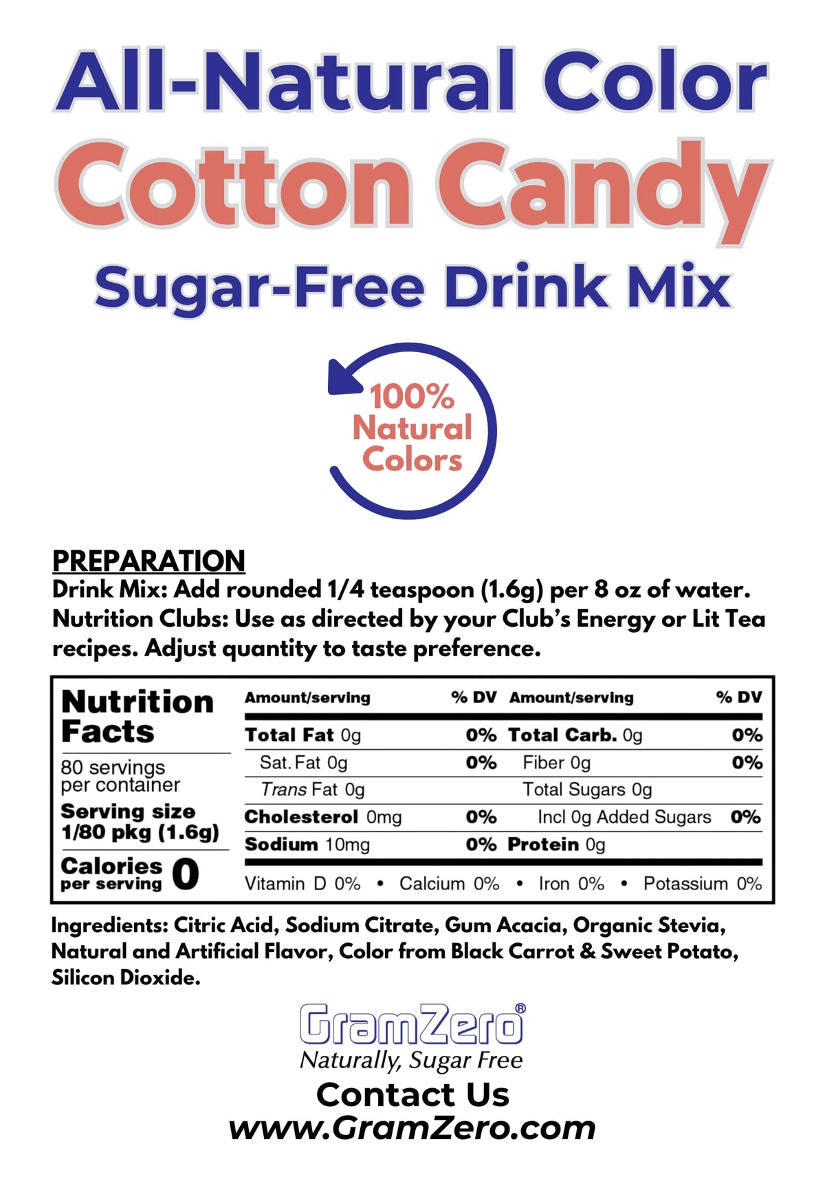 GramZero Cotton Candy Zero Calorie Drink Mix – Organic Stevia, Keto Friendly