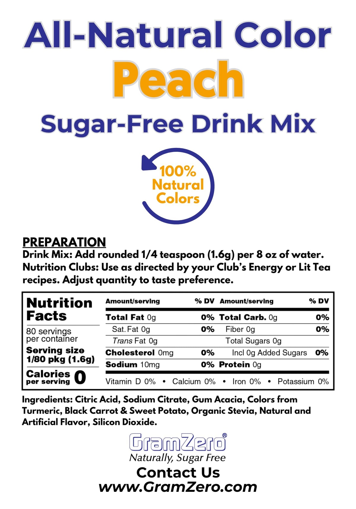 GramZero Peach Zero Calorie Drink Mix – Sugar Free, Keto Friendly, Stevia Sweetened