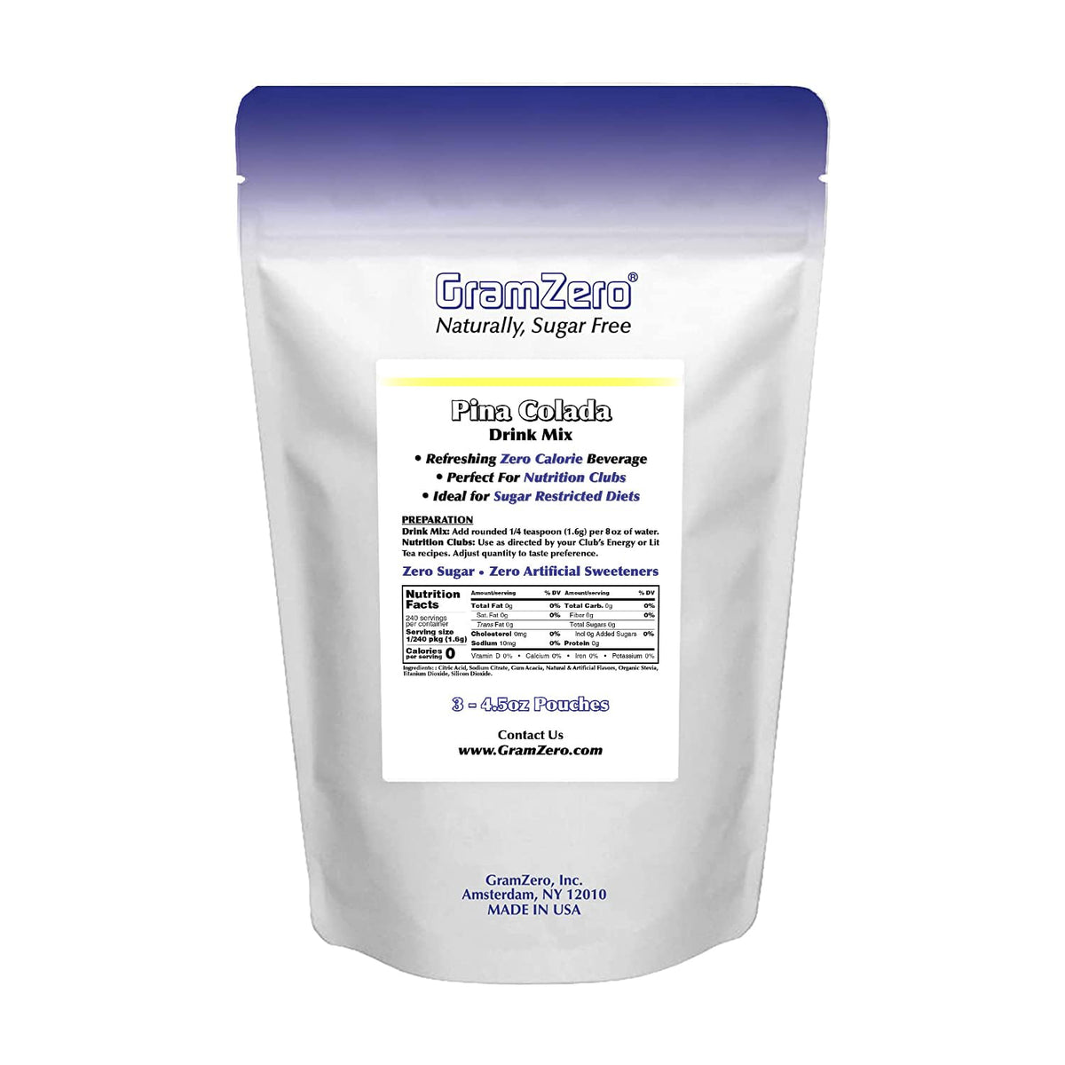 GramZero Pina Colada Zero Calorie Sugar Free Drink Mix | Keto Friendly & Stevia Sweetened