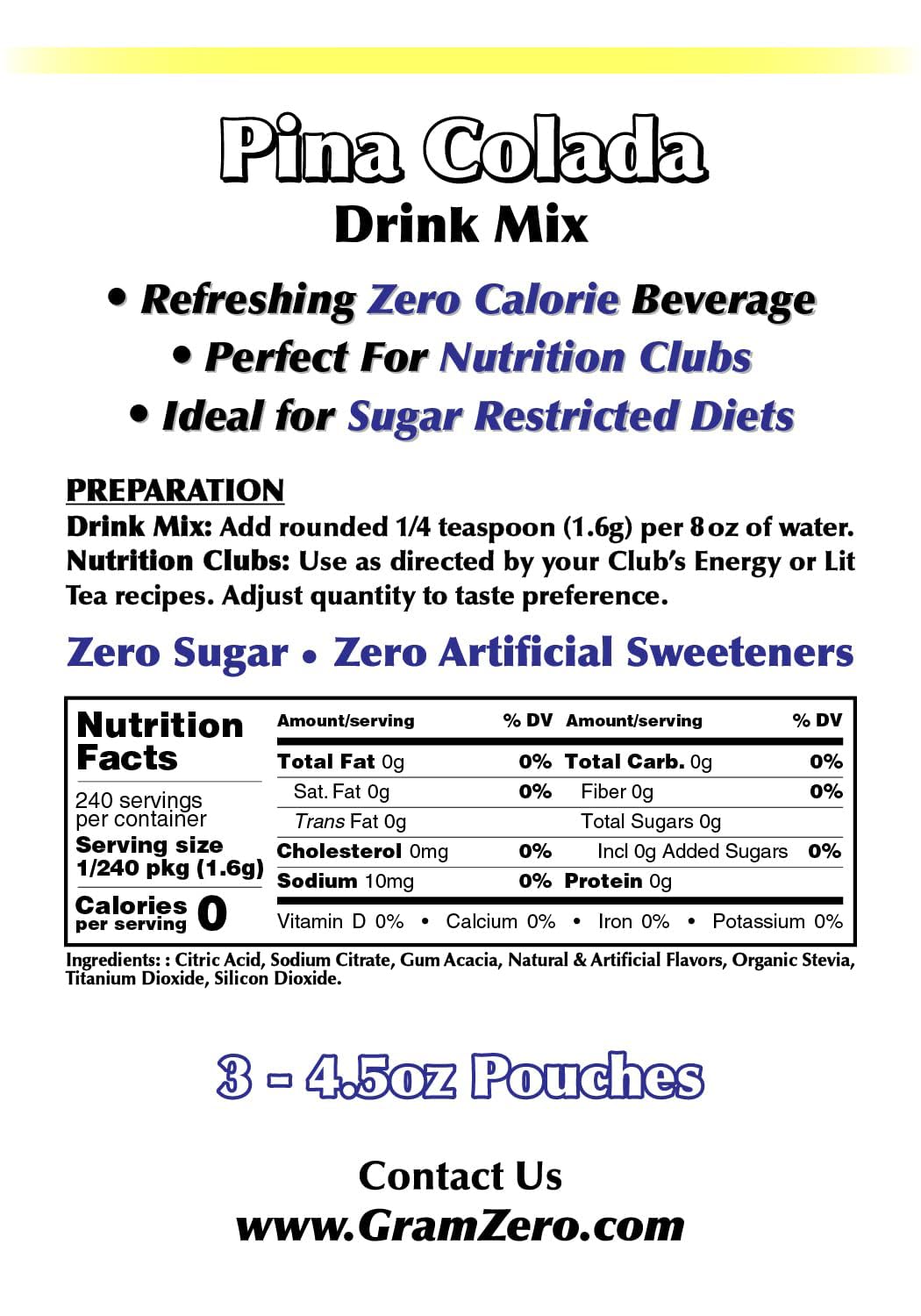 GramZero Pina Colada Zero Calorie Sugar Free Drink Mix | Keto Friendly & Stevia Sweetened