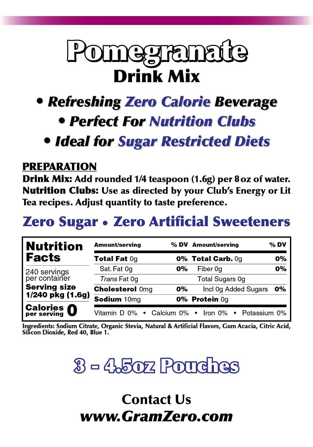 GramZero Pomegranate Zero Calorie Drink Mix – Sugar Free, Stevia Sweetened, Keto Friendly