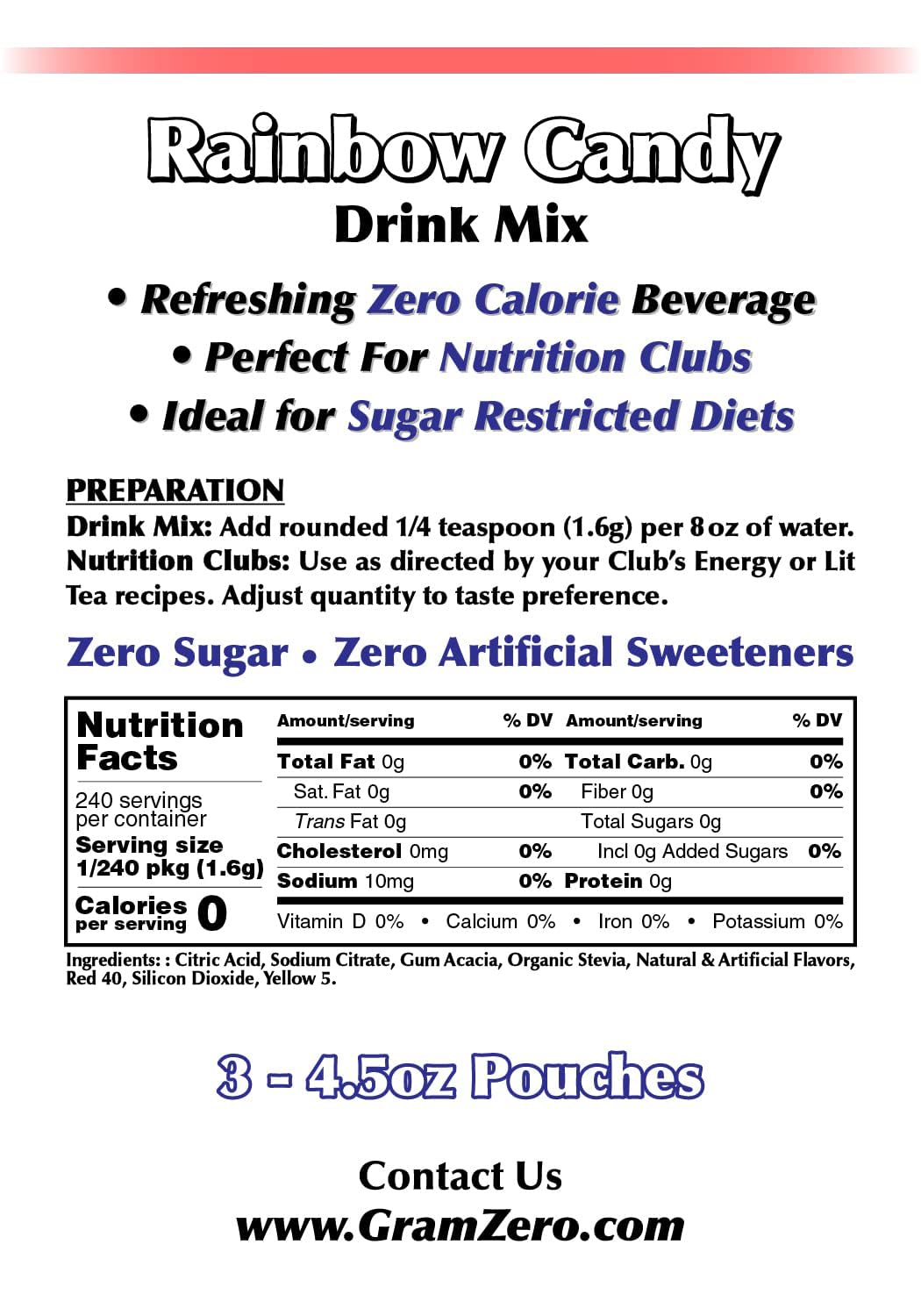 GramZero Rainbow Candy Zero Calorie Drink Mix – Stevia Sweetened, Keto Friendly