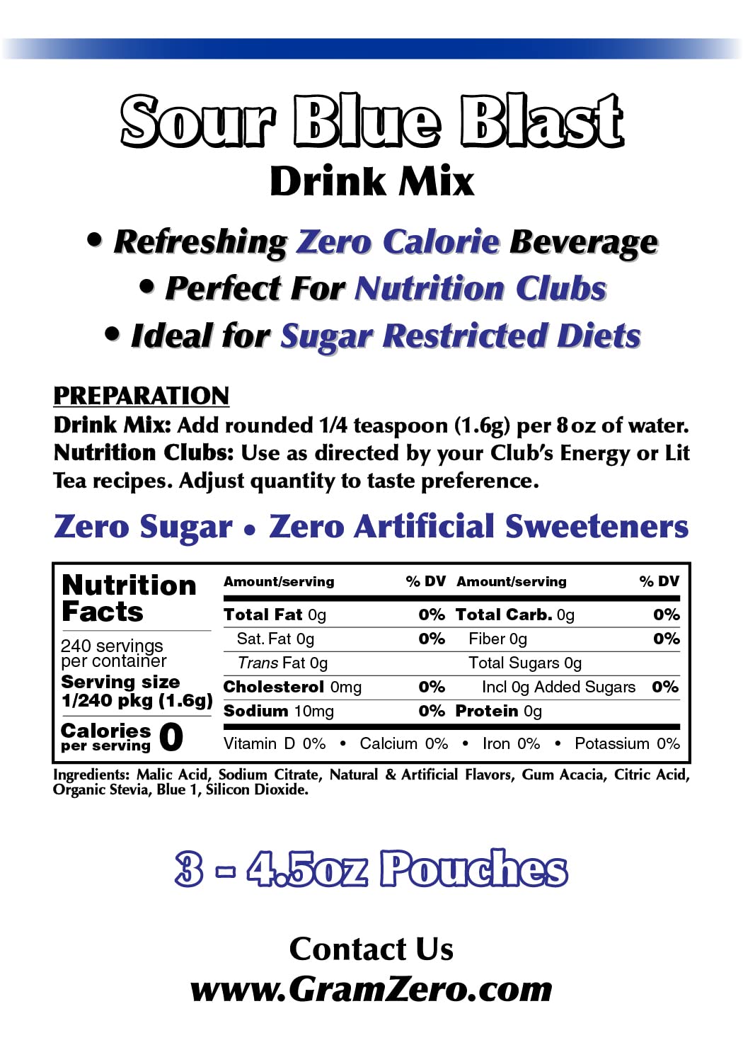 GramZero Sour Blue Blast Zero Calorie Drink Mix – Keto, Sugar Free, Stevia Sweetened