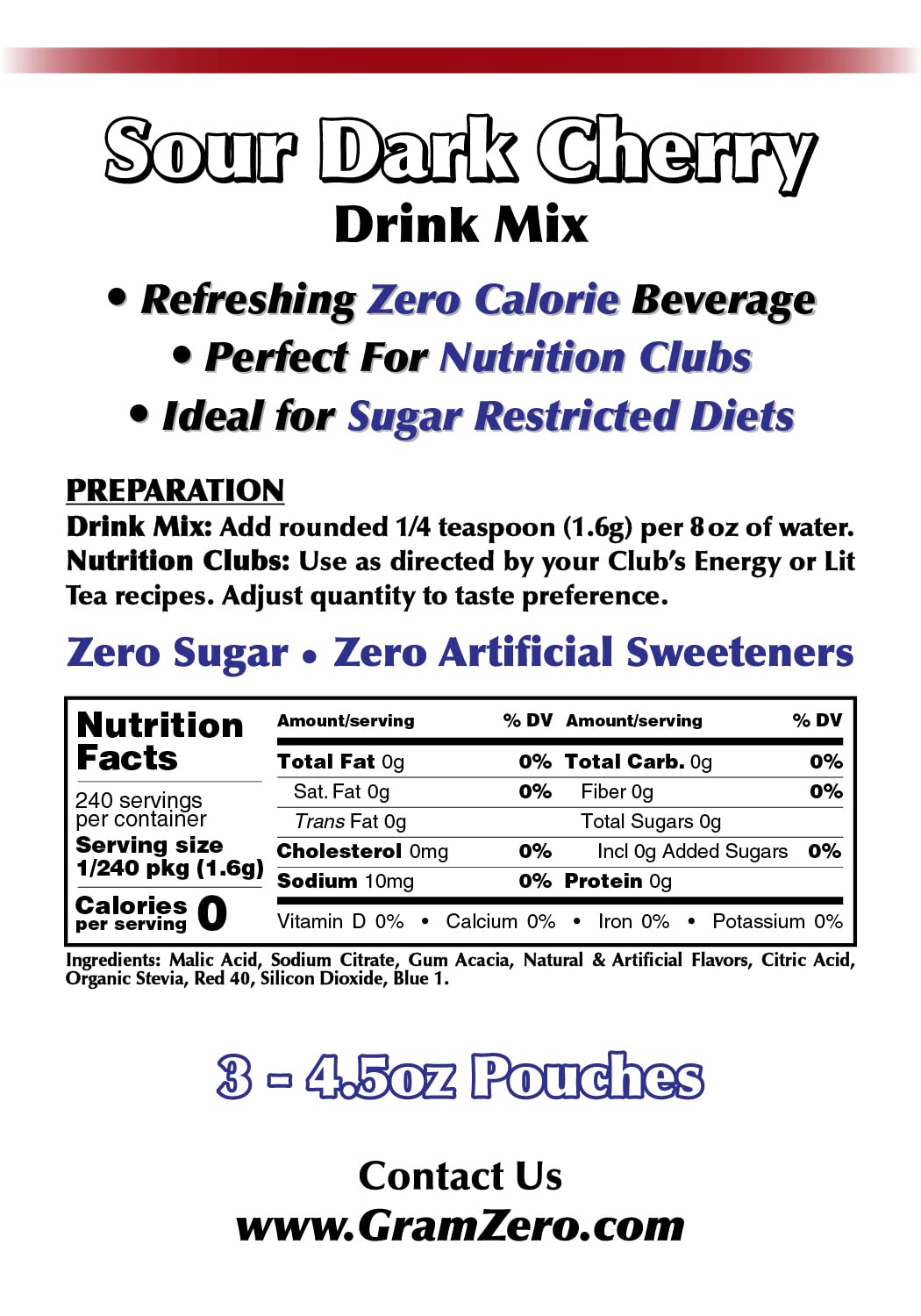 GramZero Sour Dark Cherry – Zero Calorie Sugar Free Drink Mix, Keto Friendly