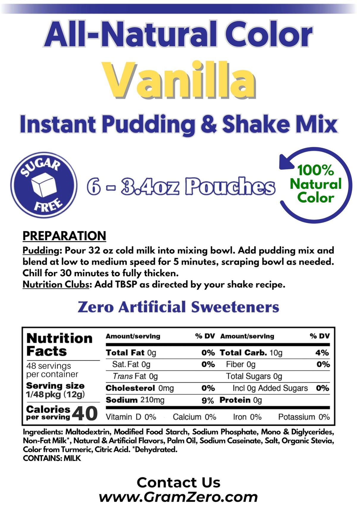 GramZero Vanilla Sugar Free Pudding Mix 6-Pack — Low Carb, Stevia-Sweetened