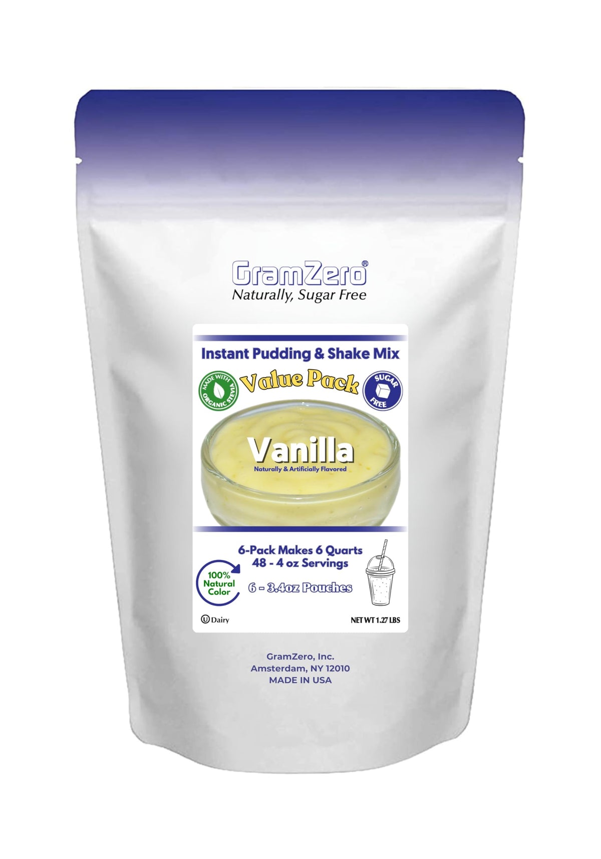 GramZero Vanilla Sugar Free Pudding Mix 6-Pack — Low Carb, Stevia-Sweetened