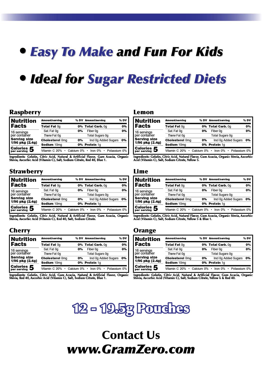 GramZero Variety Sugar Free Gelatin Mix 12-Pack – Keto-Friendly, Stevia-Sweetened Desserts