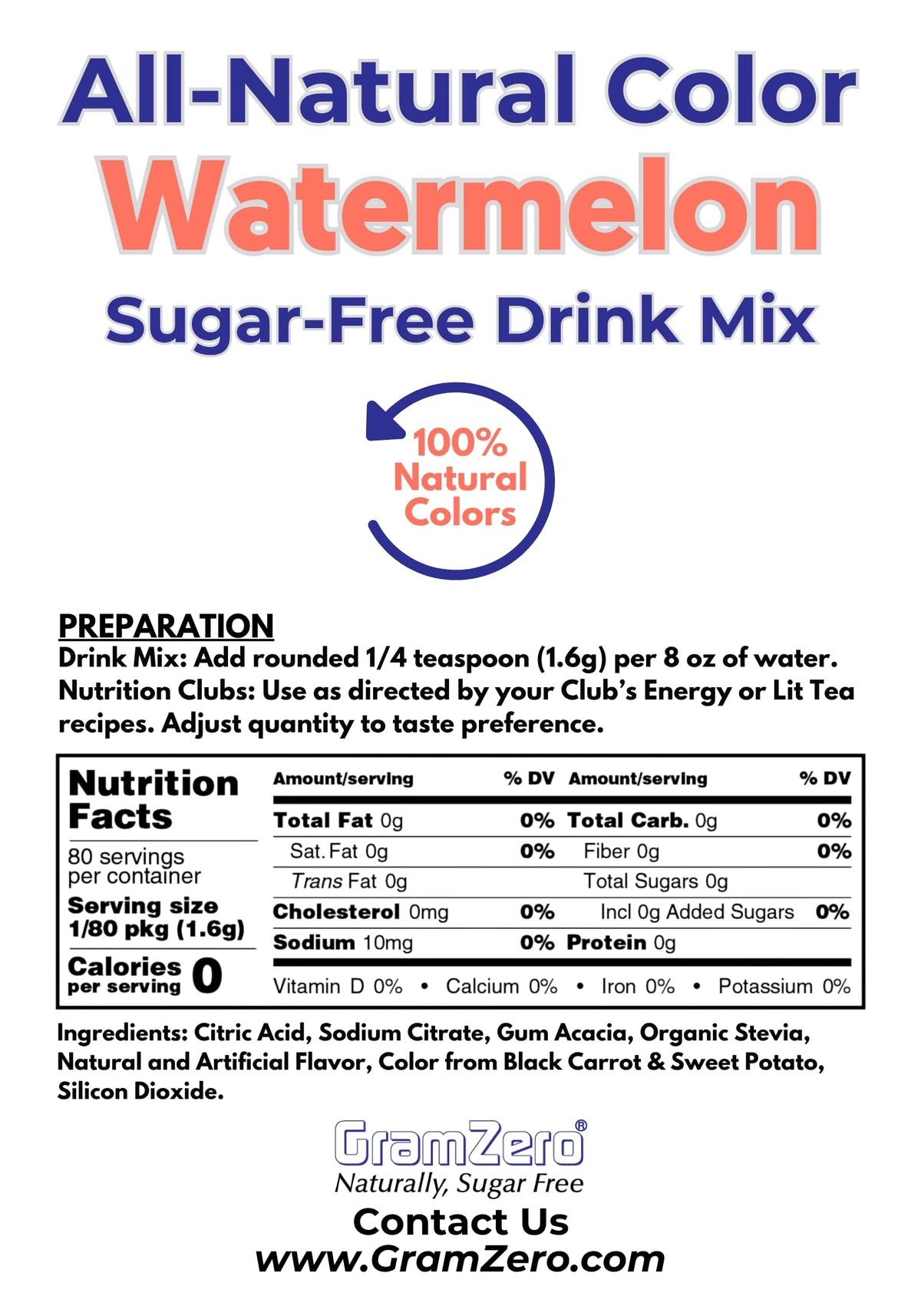 GramZero Watermelon Zero Calorie Drink Mix – Sugar Free, Keto Friendly, Stevia Sweetened