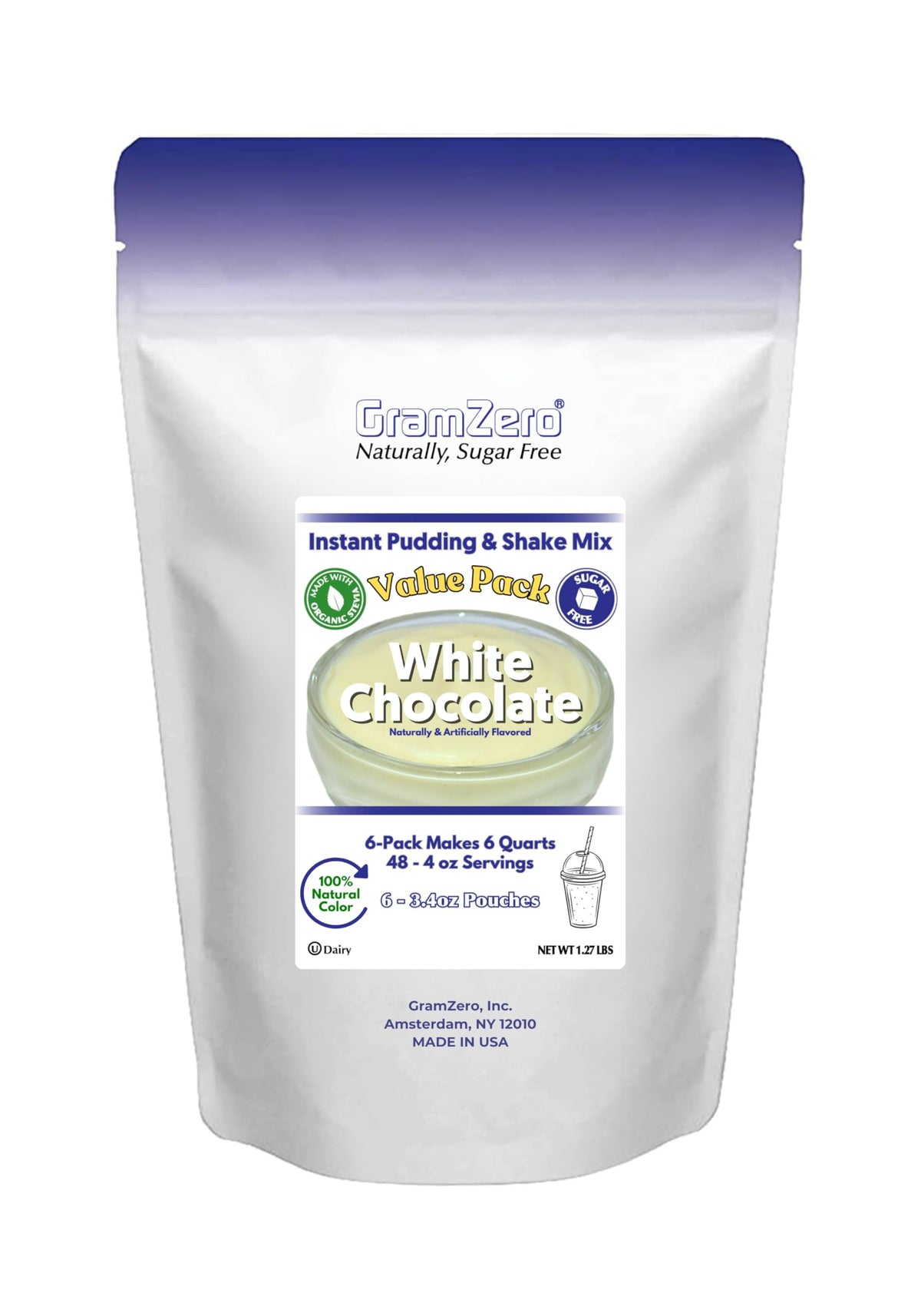 GramZero Natural Color White Chocolate Sugar Free Pudding Mix 6-Pack — Stevia Sweetened, Low Carb Dessert