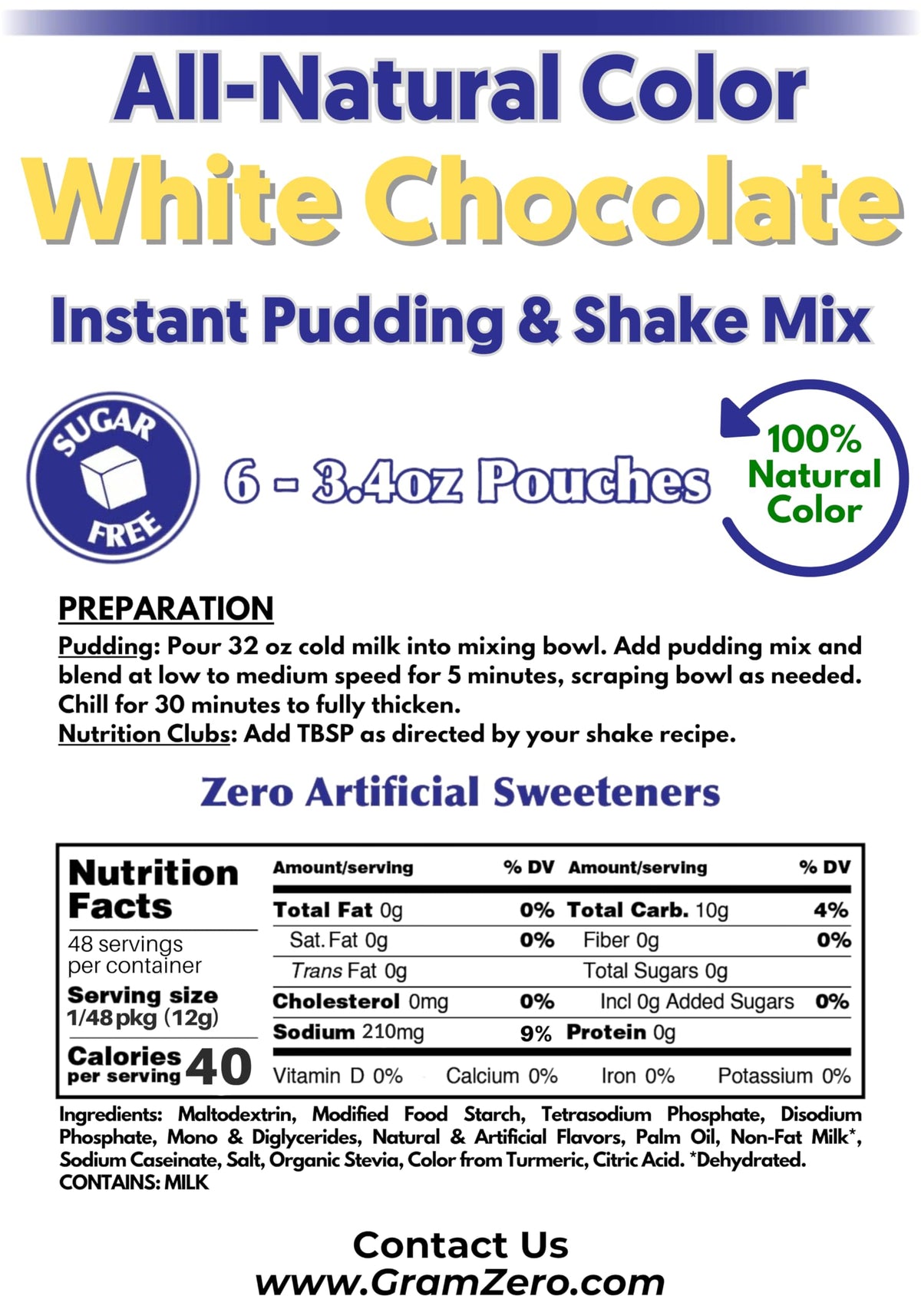 GramZero Natural Color White Chocolate Sugar Free Pudding Mix 6-Pack — Stevia Sweetened, Low Carb Dessert