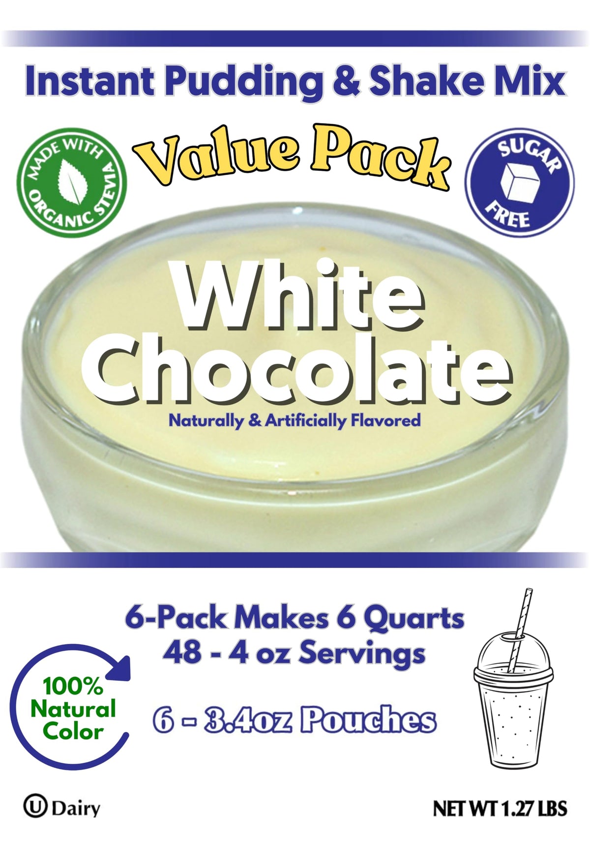 GramZero Natural Color White Chocolate Sugar Free Pudding Mix 6-Pack — Stevia Sweetened, Low Carb Dessert