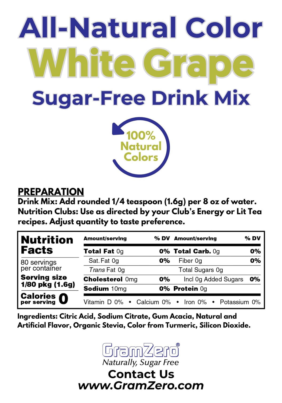 GramZero White Grape Zero Calorie Sugar Free Drink Mix — Stevia Sweetened, Keto Friendly