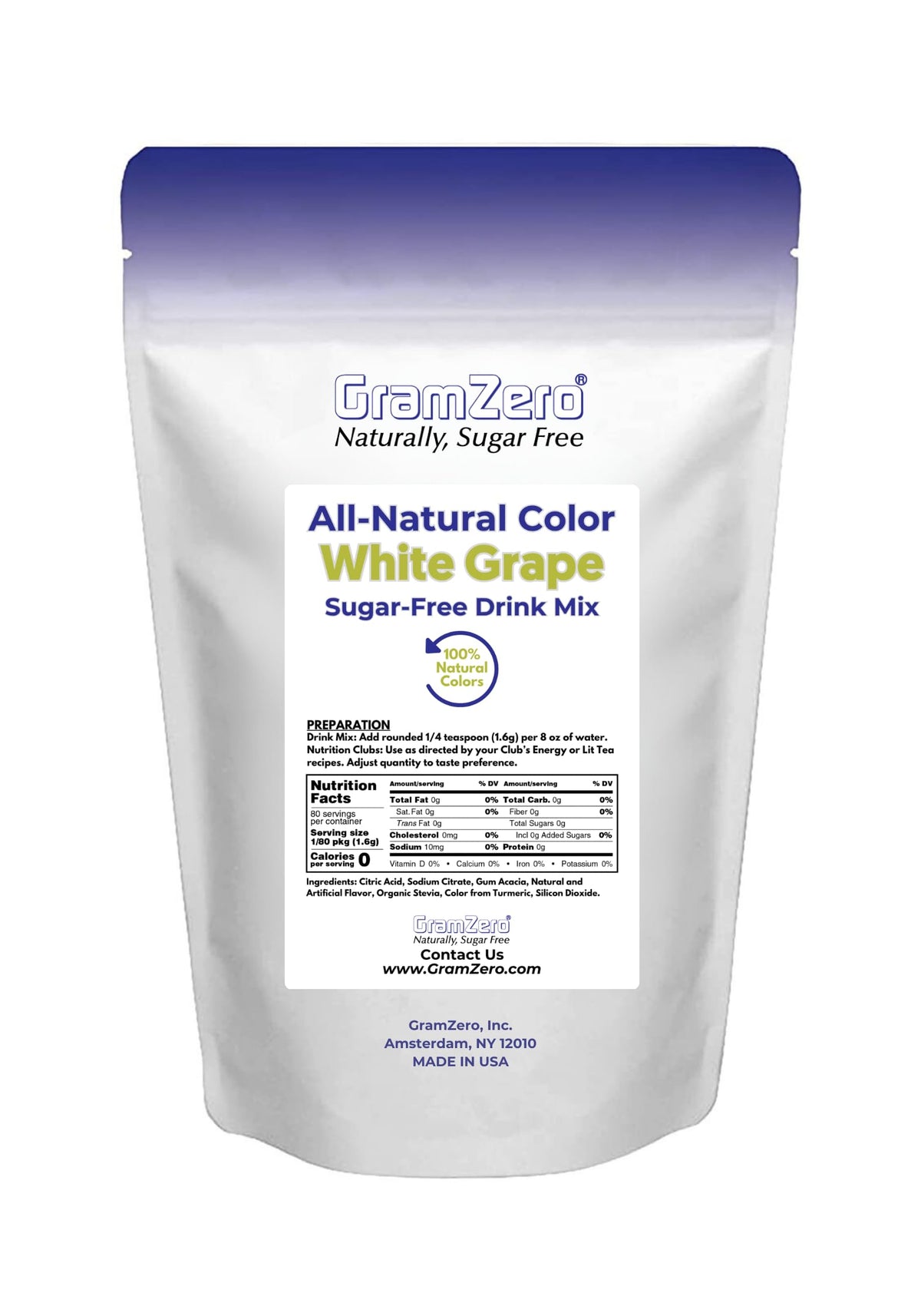 GramZero White Grape Zero Calorie Sugar Free Drink Mix — Stevia Sweetened, Keto Friendly