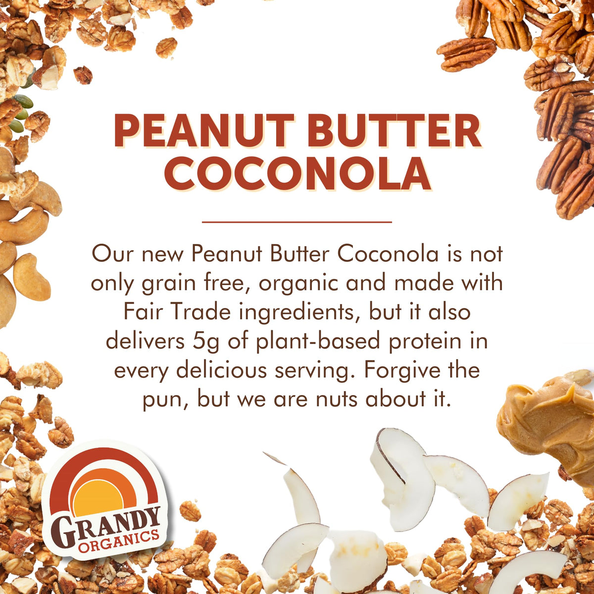 Grandy Organics Peanut Butter Coconola Granola – Organic, Gluten Free, Grain Free | Pack of 3 (9oz Each)
