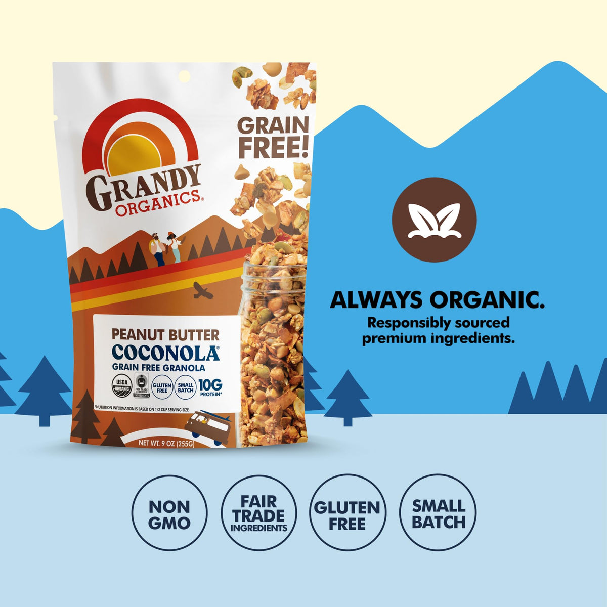 Grandy Organics Peanut Butter Coconola Granola – Organic, Gluten Free, Grain Free | Pack of 3 (9oz Each)