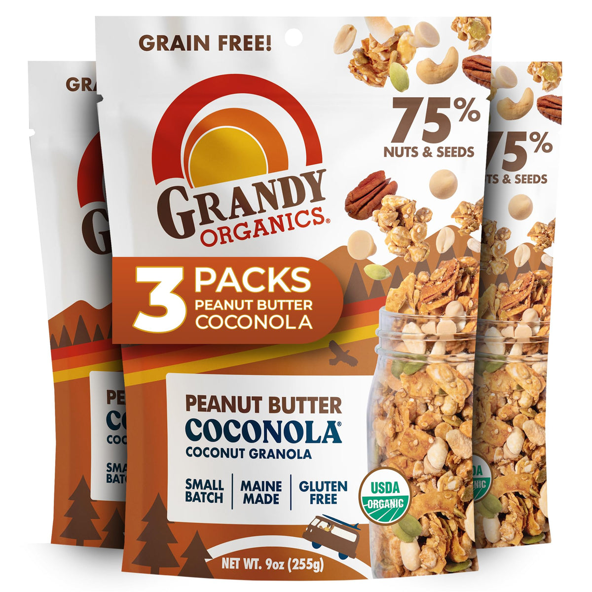 Grandy Organics Peanut Butter Coconola Granola – Organic, Gluten Free, Grain Free | Pack of 3 (9oz Each)