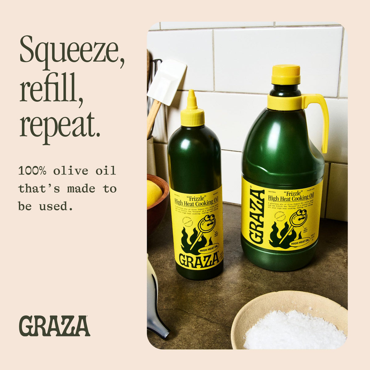Graza Frizzle High Heat Olive Oil | 490 F Smoke Point, Neutral Flavor, 2L Squeeze Bottle
