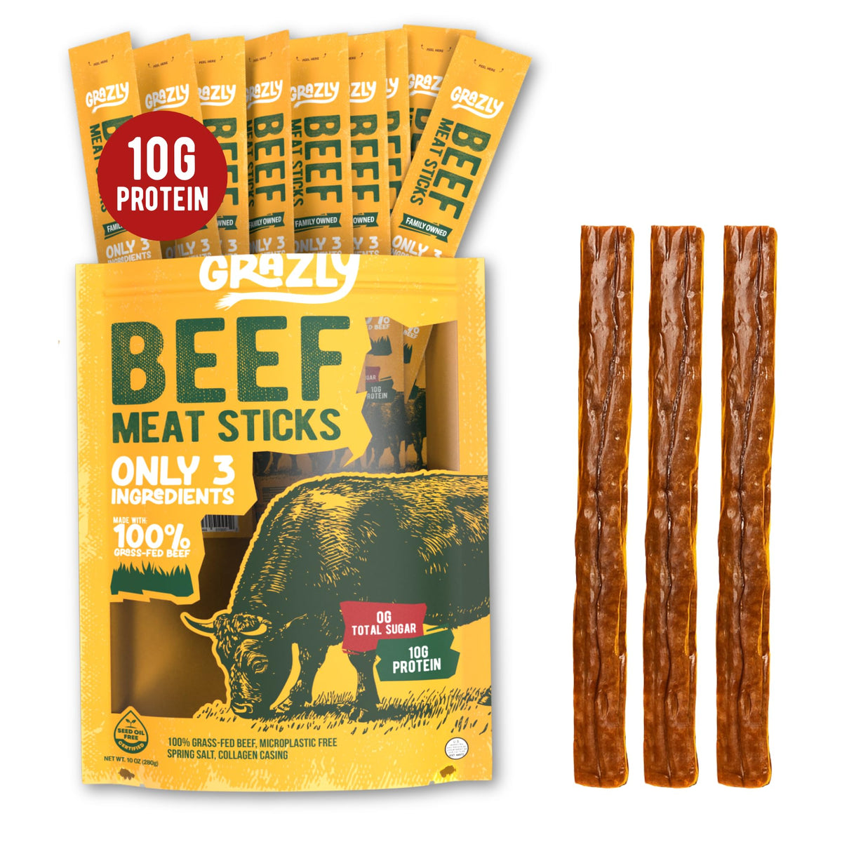 Grazly Grass-Fed Beef Sticks – 10 Pack, 1 oz Each, 10g Protein, Collagen Casing