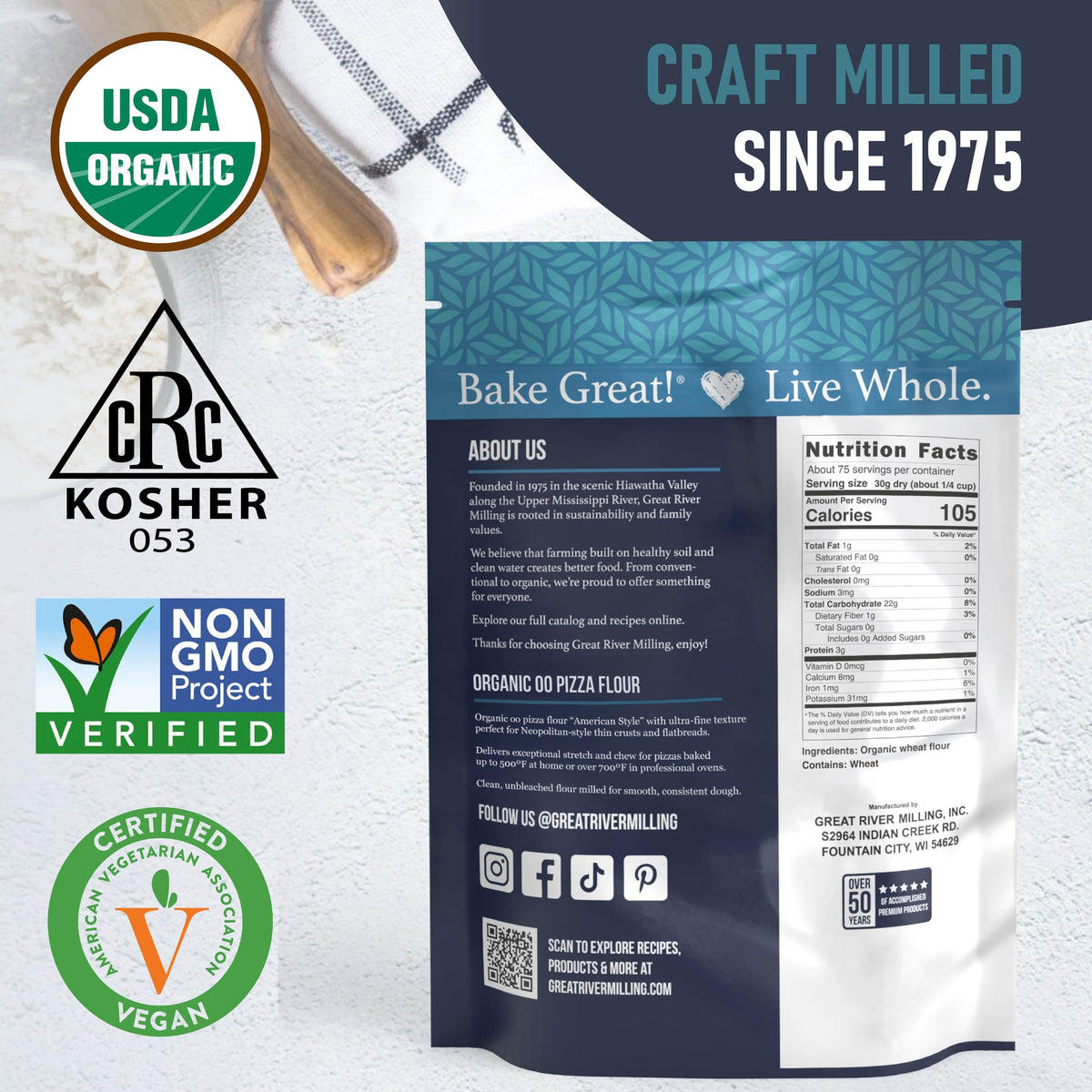 Great River Milling 00 Organic Pizza Flour – Ultra-Fine Neapolitan-Style Dough, 5 lb