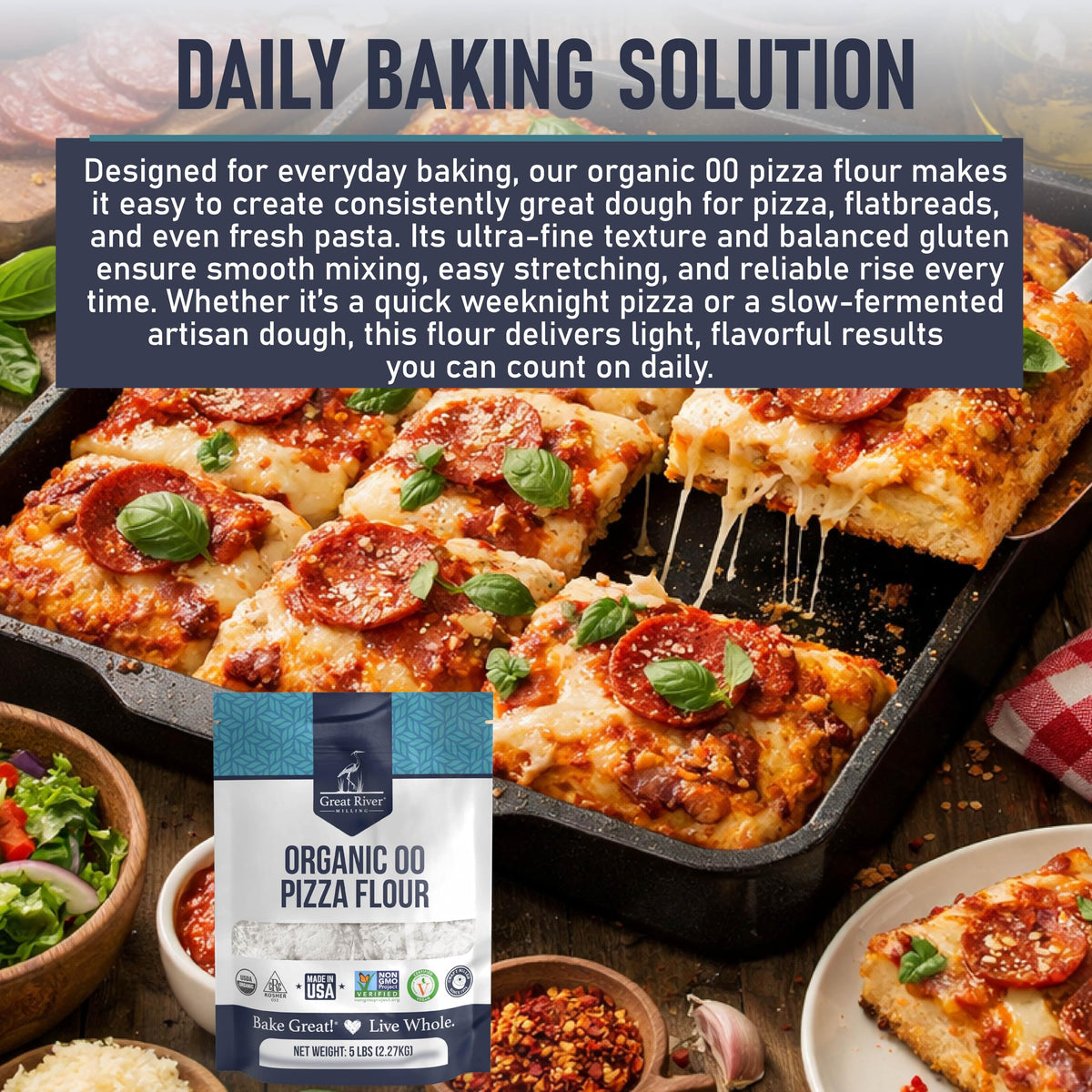 Great River Milling 00 Organic Pizza Flour – Ultra-Fine Neapolitan-Style Dough, 5 lb