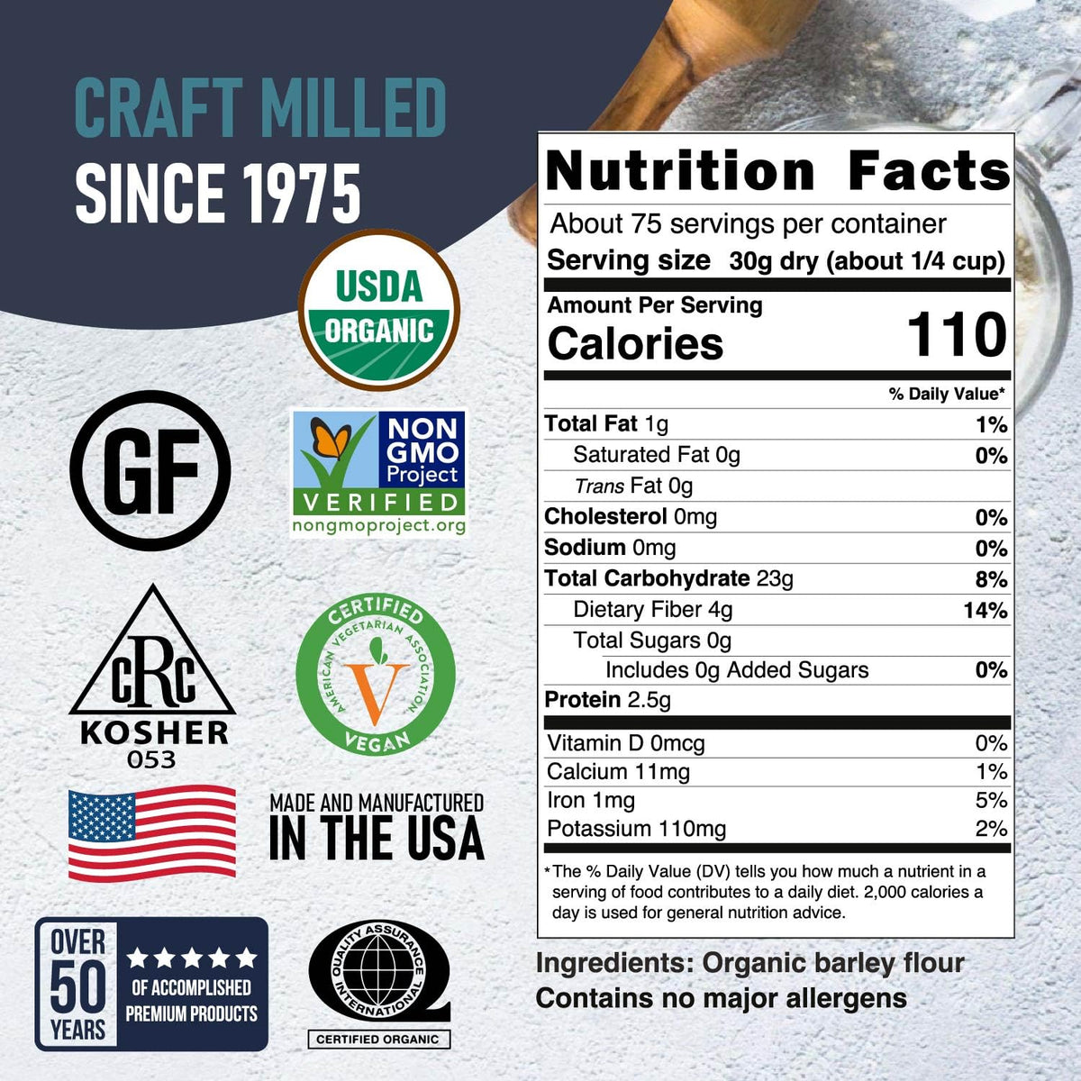 Great River Milling Organic Barley Flour – Unbleached, Non-GMO, Kosher, 5 lb