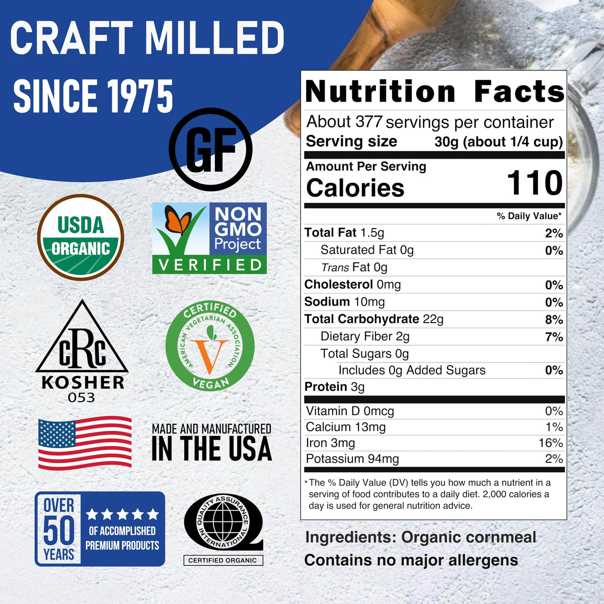 Great River Milling Organic Gluten Free Medium Grind Cornmeal | 25 Lb | Kosher, Non-GMO