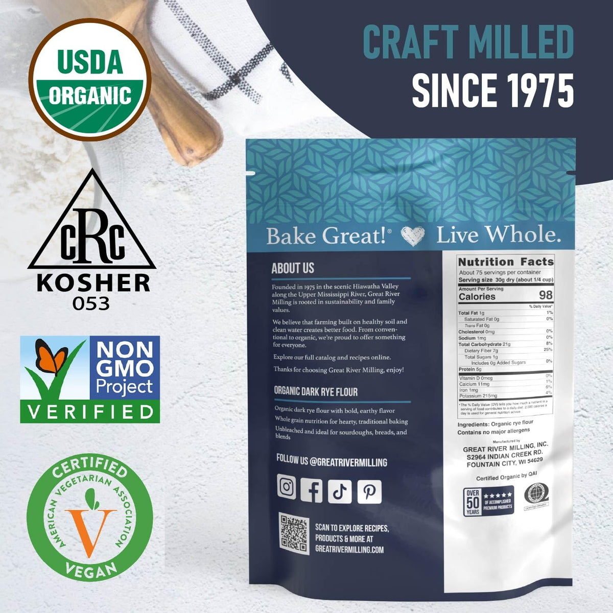 Great River Milling Organic Dark Rye Flour – Whole Grain, Non-GMO, Kosher, Unbromated | 5 lb