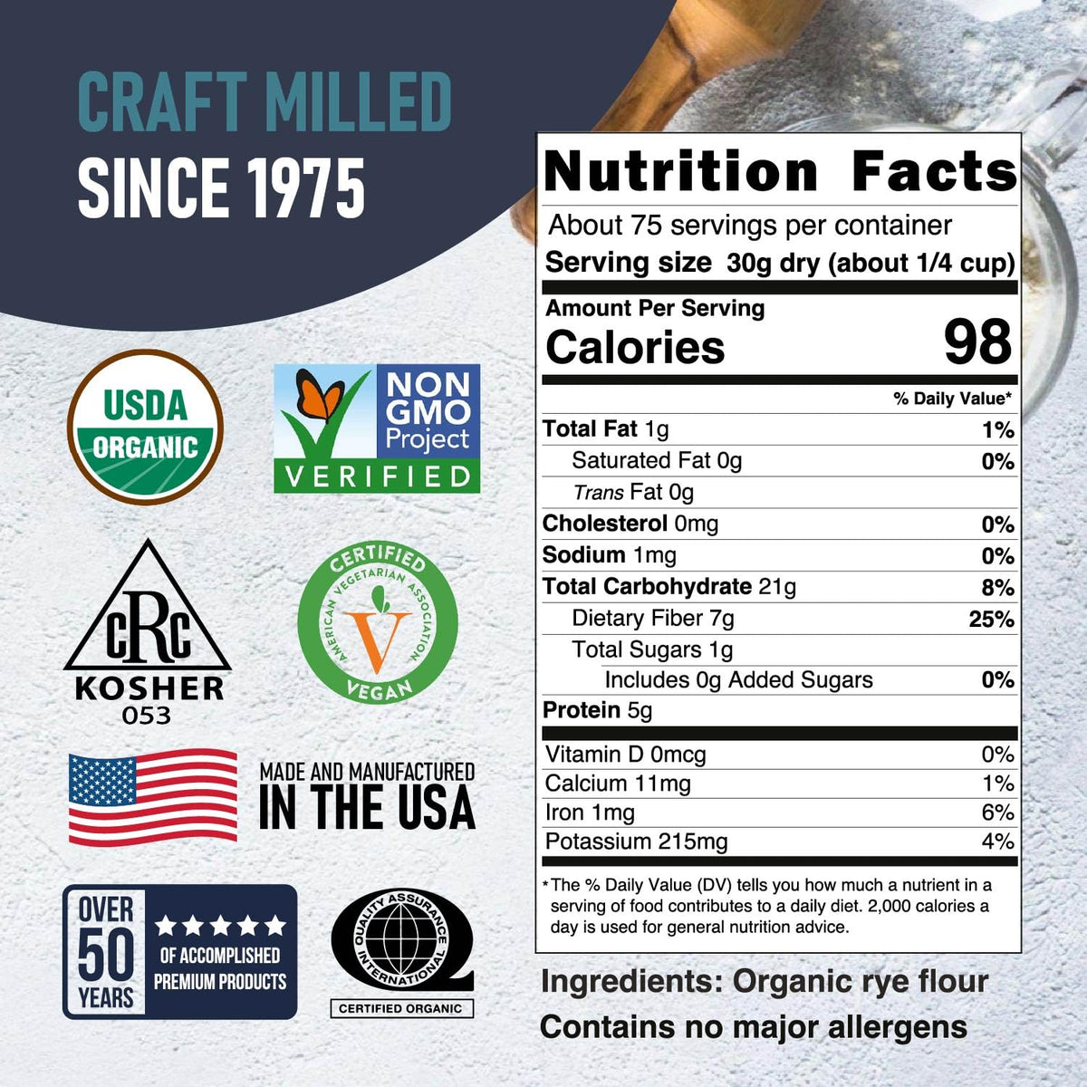 Great River Milling Organic Dark Rye Flour – Whole Grain, Non-GMO, Kosher, Unbromated | 5 lb