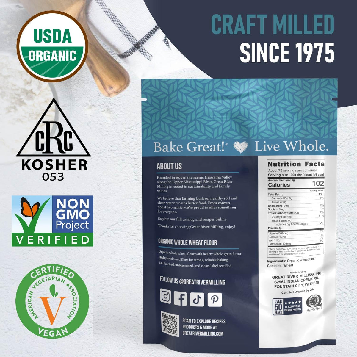 Great River Milling Organic Whole Wheat Flour | High-Protein, Non-GMO, 5 lb