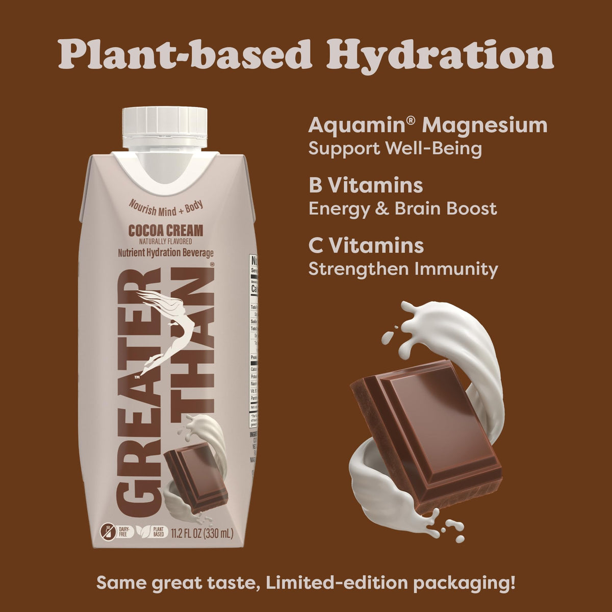 Greater Than Nutrient Hydration Beverage – Plant-Based Electrolyte Drink (Cocoa Cream), 12 Pack